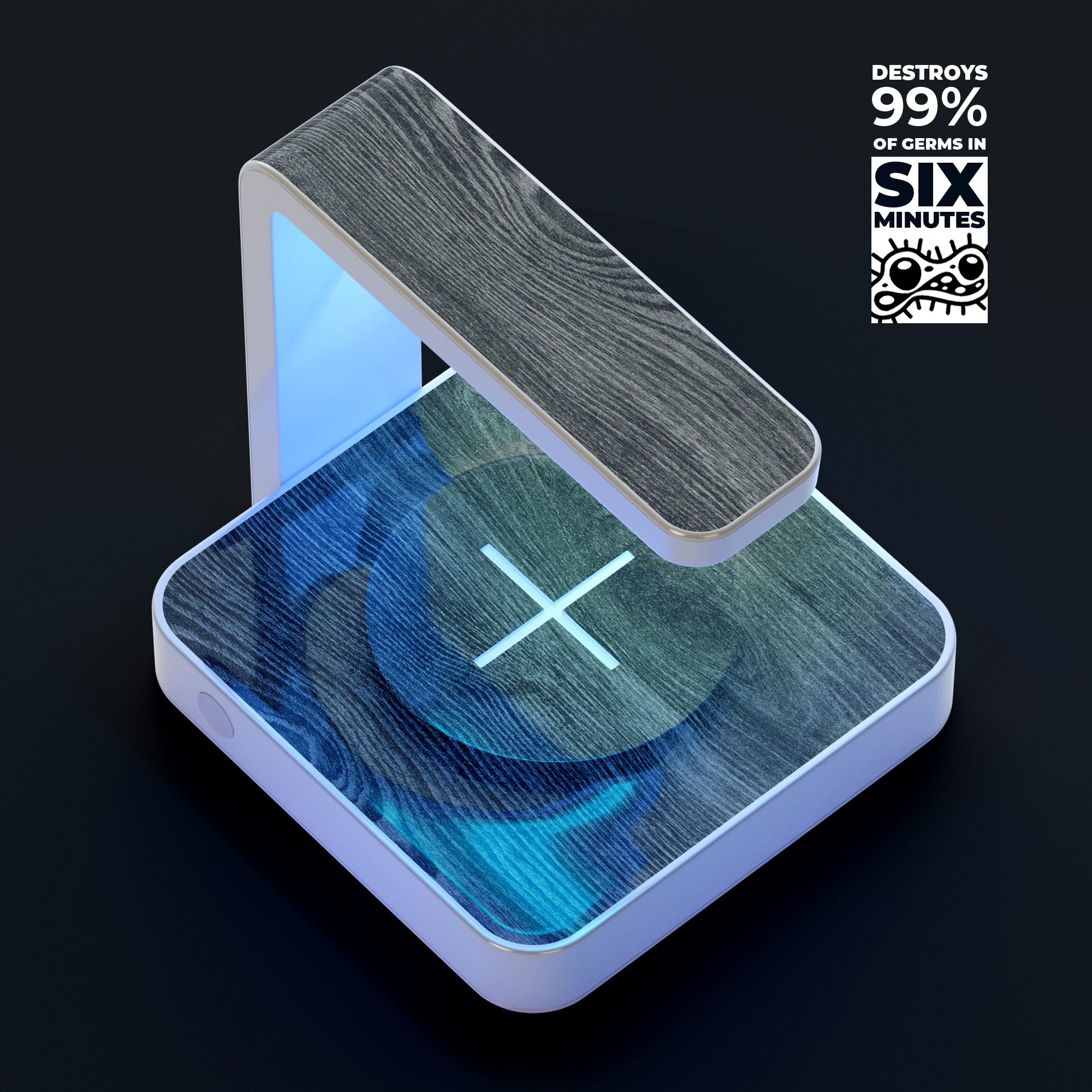 Smooth Gray Wood V2 UV Germicidal Sanitizing Wireless Charger with a sleek design, showcasing its sterilizing lamp and wireless charging capabilities.