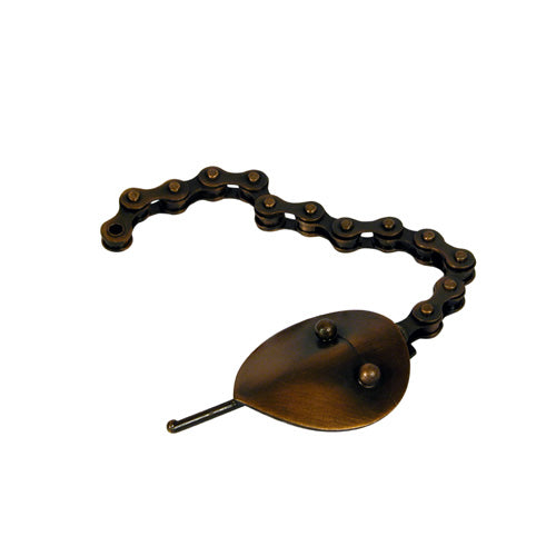 A unique snake-shaped bottle opener made from recycled bicycle chains, showcasing intricate metalwork and craftsmanship.