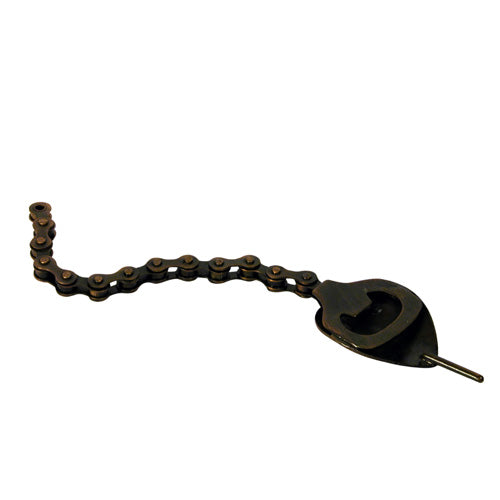 A unique snake-shaped bottle opener made from recycled bicycle chains, showcasing intricate metalwork and craftsmanship.
