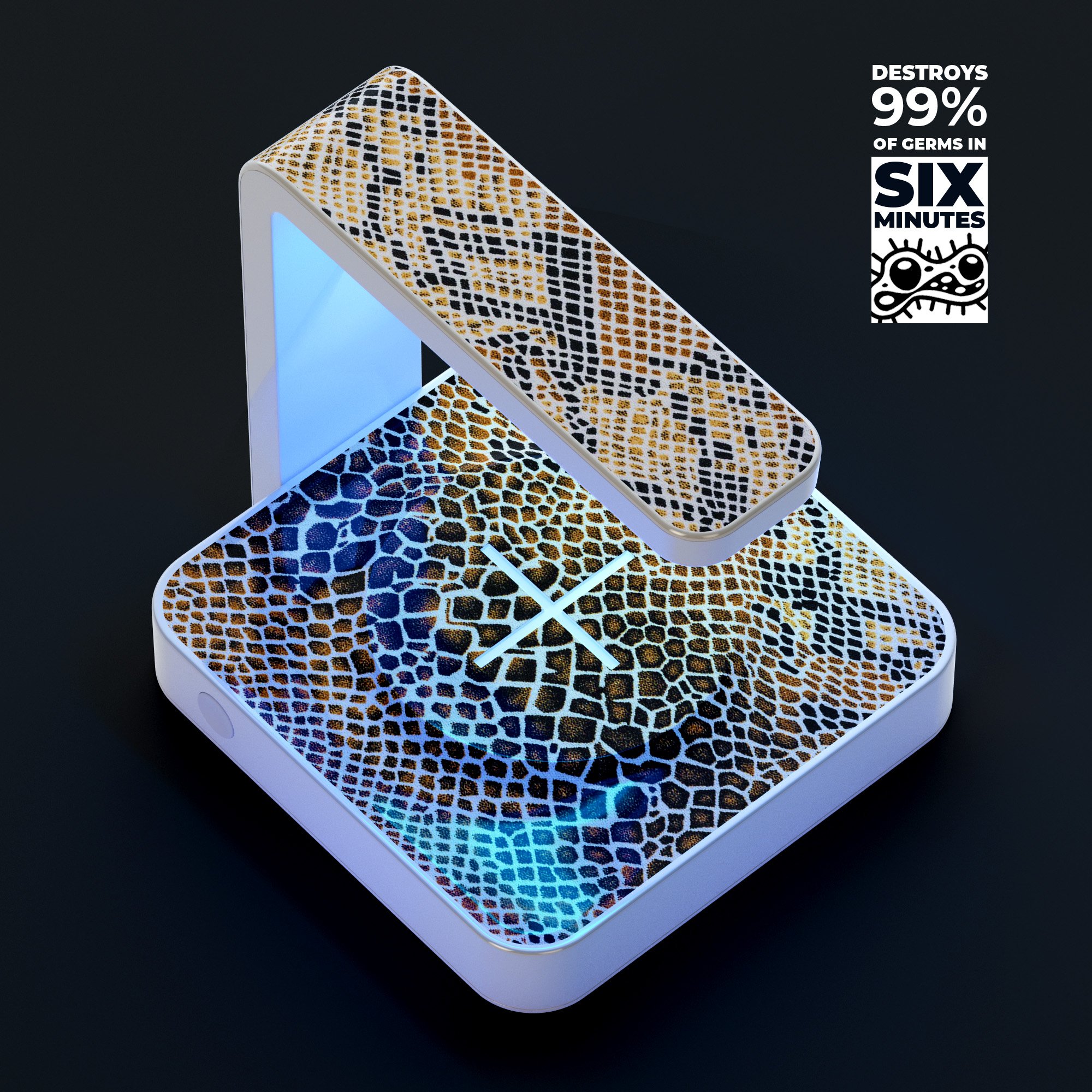 Snake Skin Pattern V2 UV Germicidal Sanitizing Wireless Charger with decorative skin, USB cable, and sterilizing lamp features.