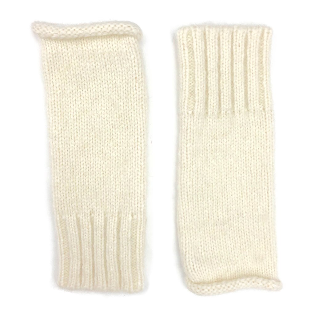 A pair of stylish Snow Essential Knit Alpaca Gloves in snow color, featuring a fingerless design and ribbed cuffs, handmade in Peru.