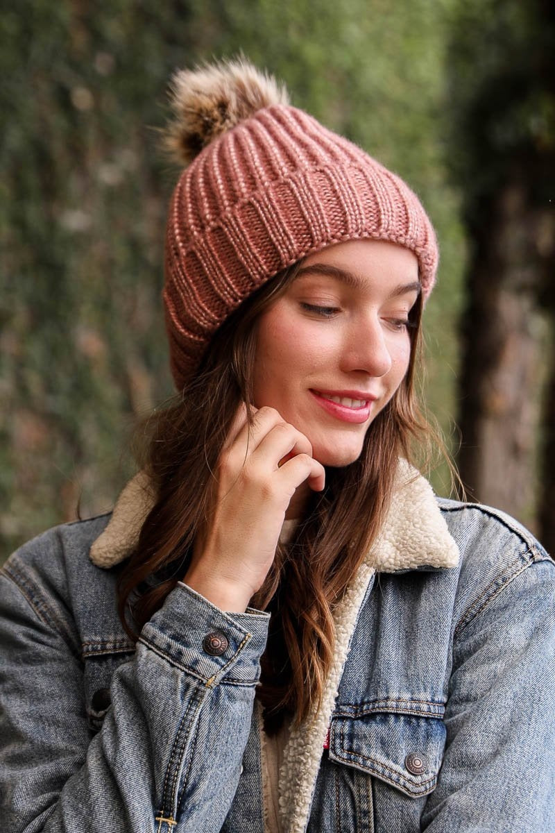 Soft Rib Knit Pom Beanie in a stylish ribbed design with a fluffy pom on top, perfect for winter wear.