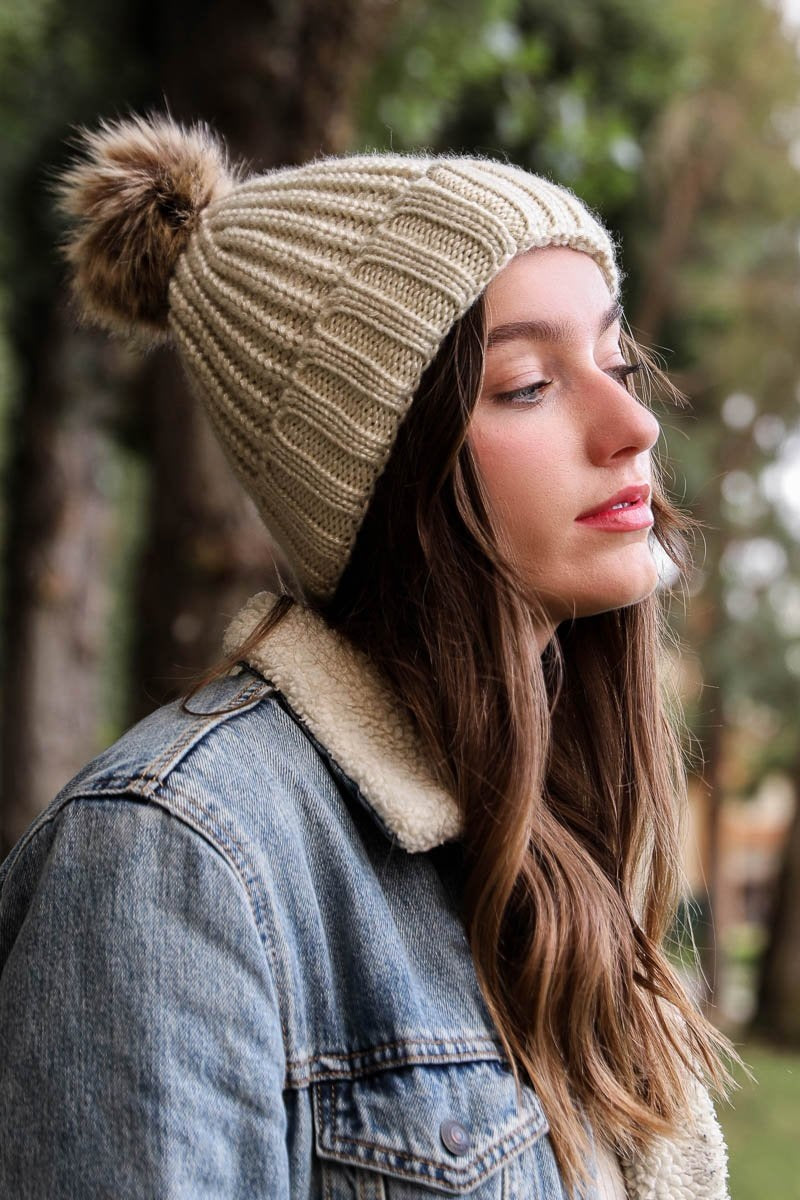Soft Rib Knit Pom Beanie in a stylish ribbed design with a fluffy pom on top, perfect for winter wear.