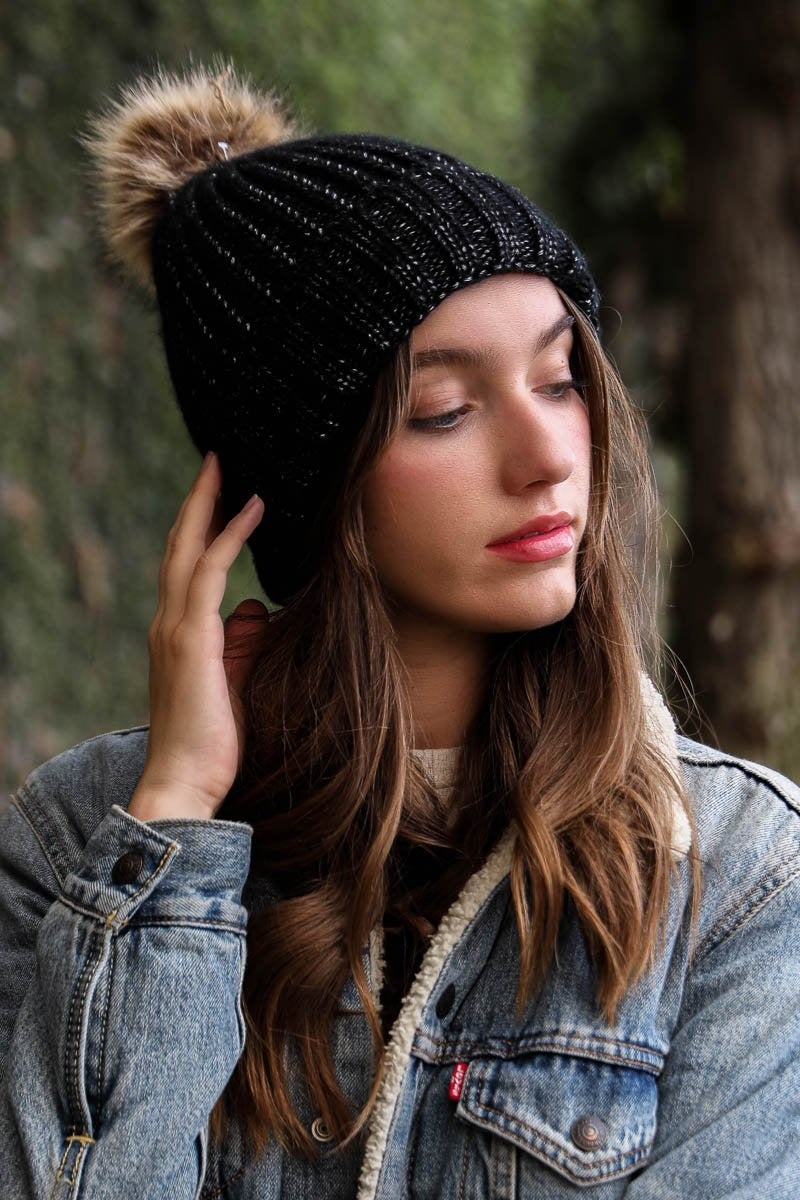 Soft Rib Knit Pom Beanie in a stylish ribbed design with a fluffy pom on top, perfect for winter wear.