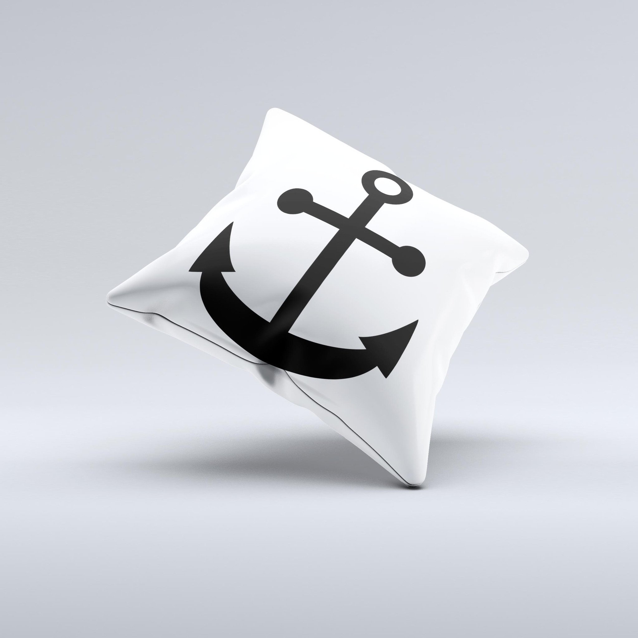 Solid Black Anchor Silhouette decorative throw pillow, handcrafted with high thread count fabric and polyester filling, showcasing unique handmade imperfections.
