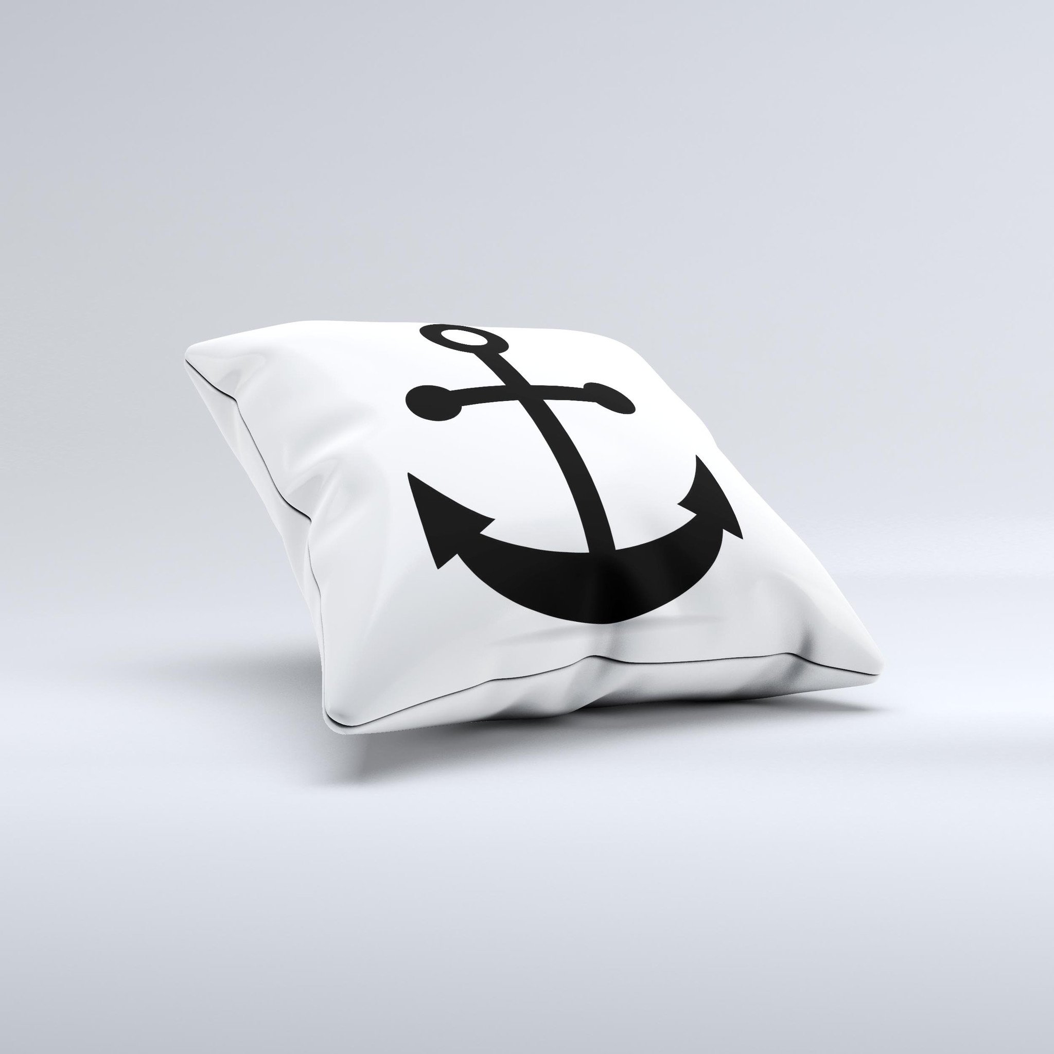 Solid Black Anchor Silhouette decorative throw pillow, handcrafted with high thread count fabric and polyester filling, showcasing unique handmade imperfections.