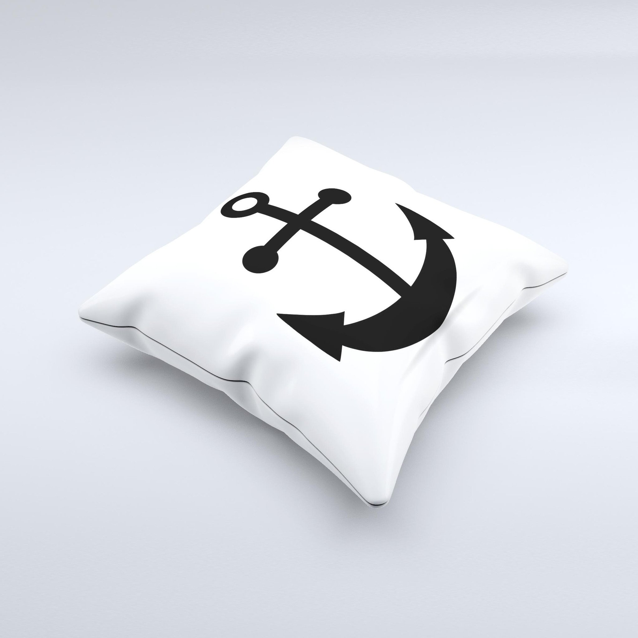 Solid Black Anchor Silhouette decorative throw pillow, handcrafted with high thread count fabric and polyester filling, showcasing unique handmade imperfections.