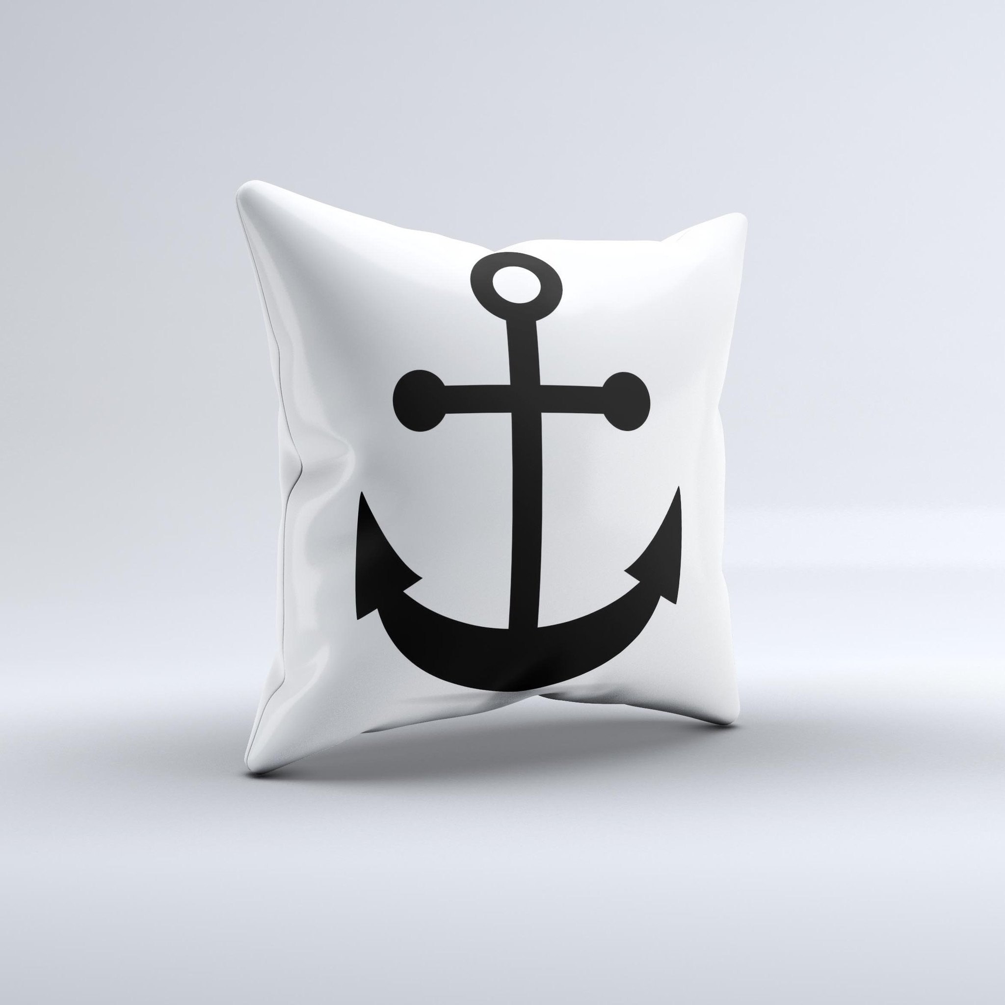 Solid Black Anchor Silhouette decorative throw pillow, handcrafted with high thread count fabric and polyester filling, showcasing unique handmade imperfections.