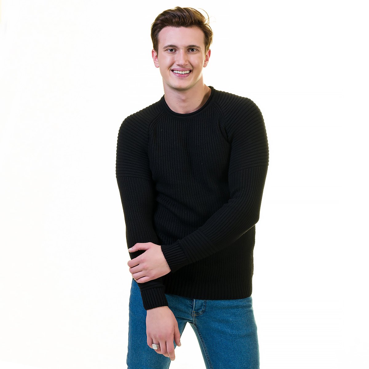 Solid black zippered sweater jacket made from luxury European wool, featuring a hoodie and long sleeves, perfect for both casual and formal wear.
