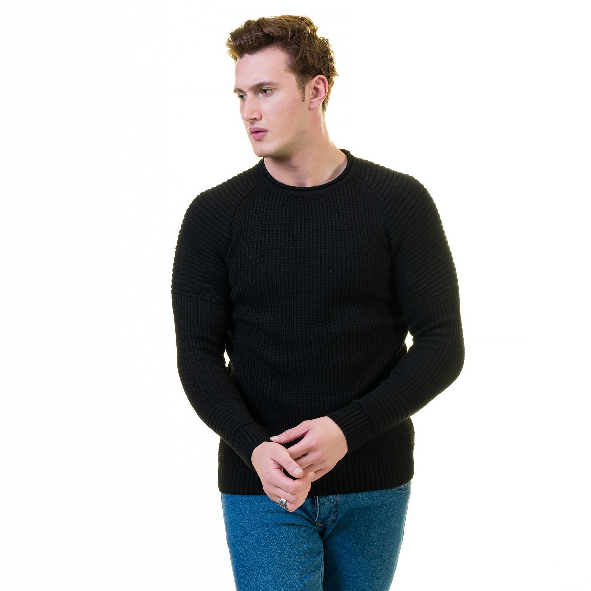 Solid black zippered sweater jacket made from luxury European wool, featuring a hoodie and long sleeves, perfect for both casual and formal wear.