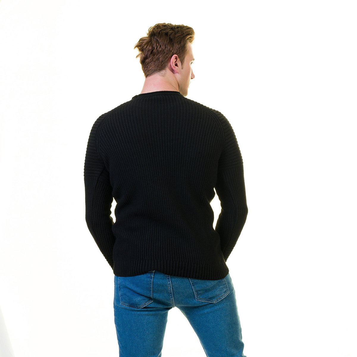 Solid black zippered sweater jacket made from luxury European wool, featuring a hoodie and long sleeves, perfect for both casual and formal wear.