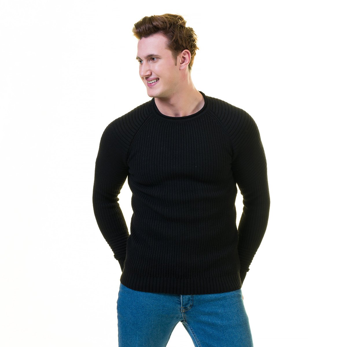 Solid black zippered sweater jacket made from luxury European wool, featuring a hoodie and long sleeves, perfect for both casual and formal wear.