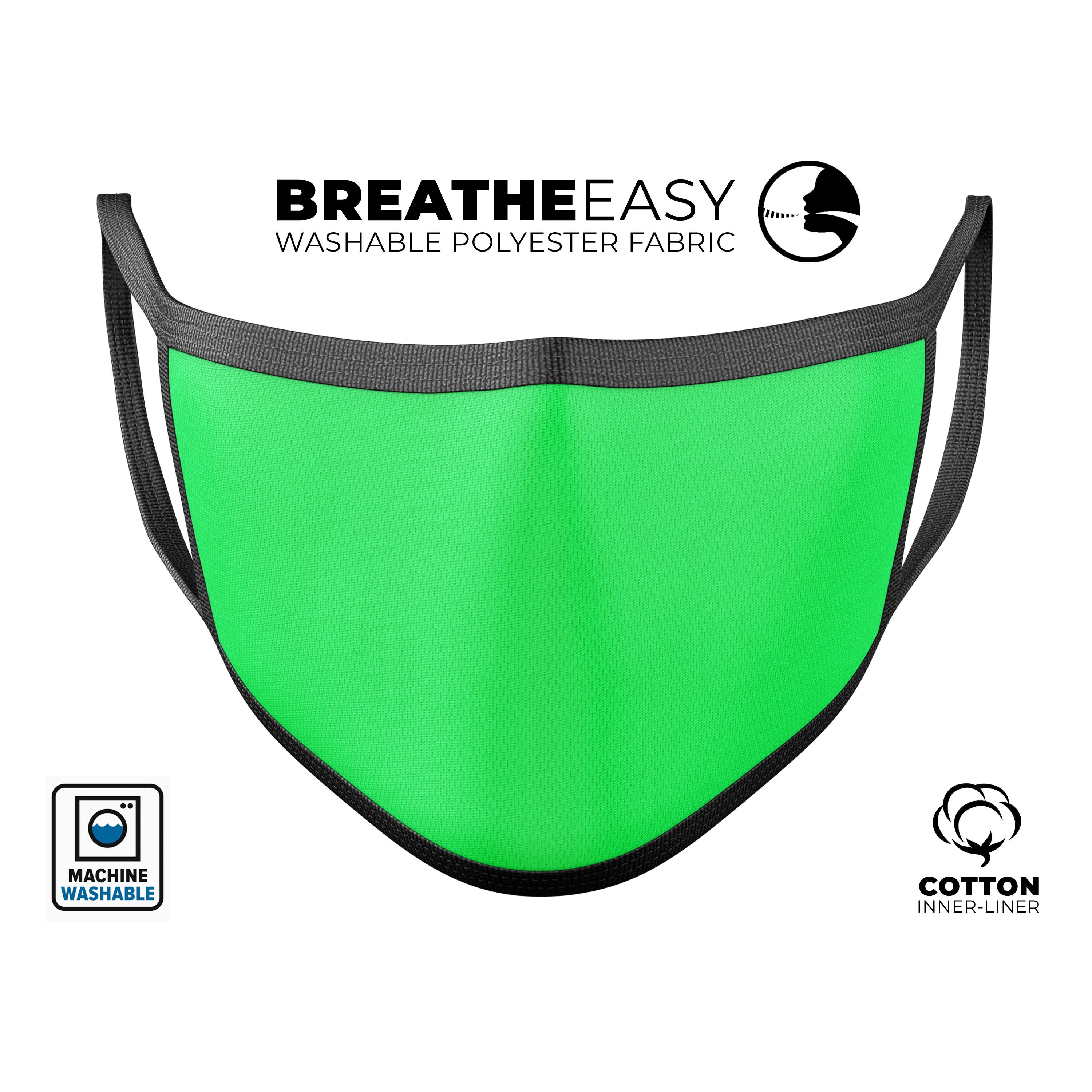 Solid Green V2 mouth cover, unisex anti-dust cotton blend mask with adjustable ear loops, made in the USA.