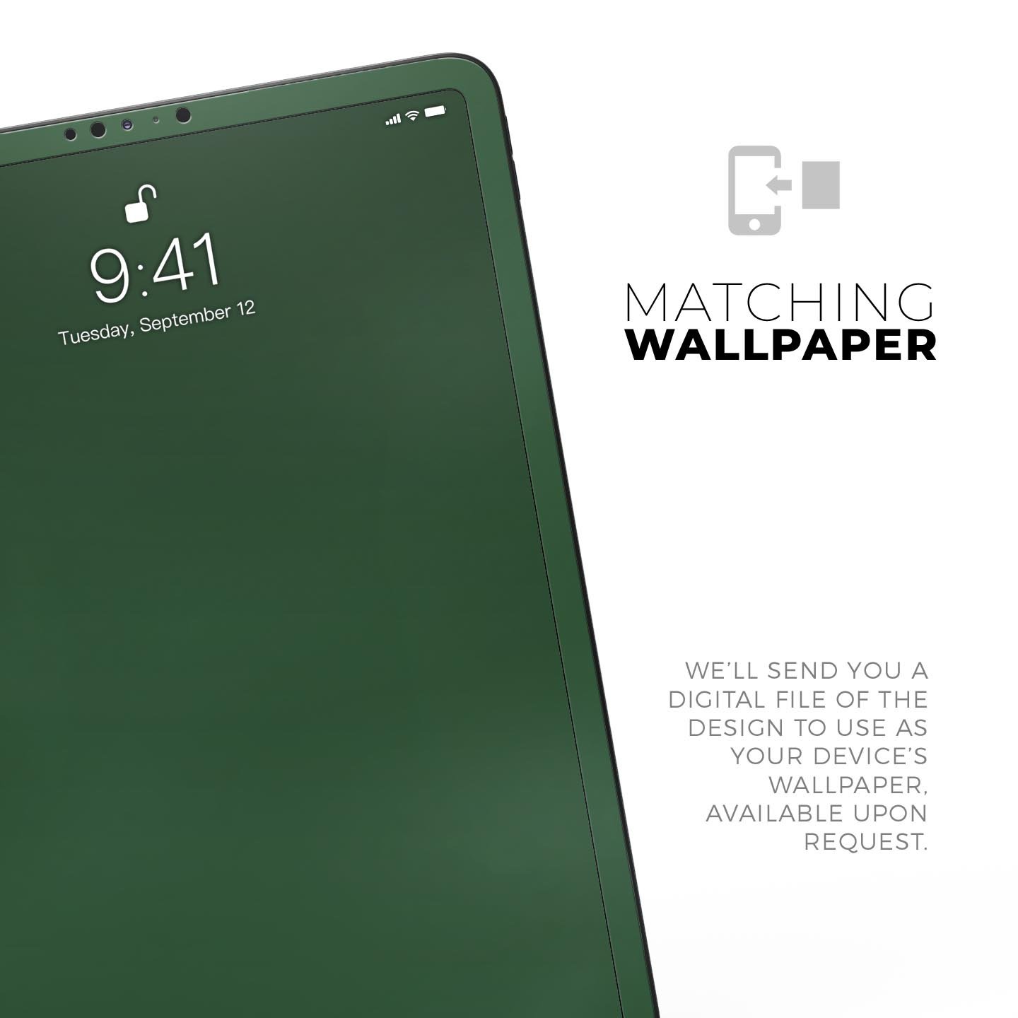 Solid Hunter Green full body skin decal for Apple iPad Pro, showcasing its sleek design and premium 3M material.