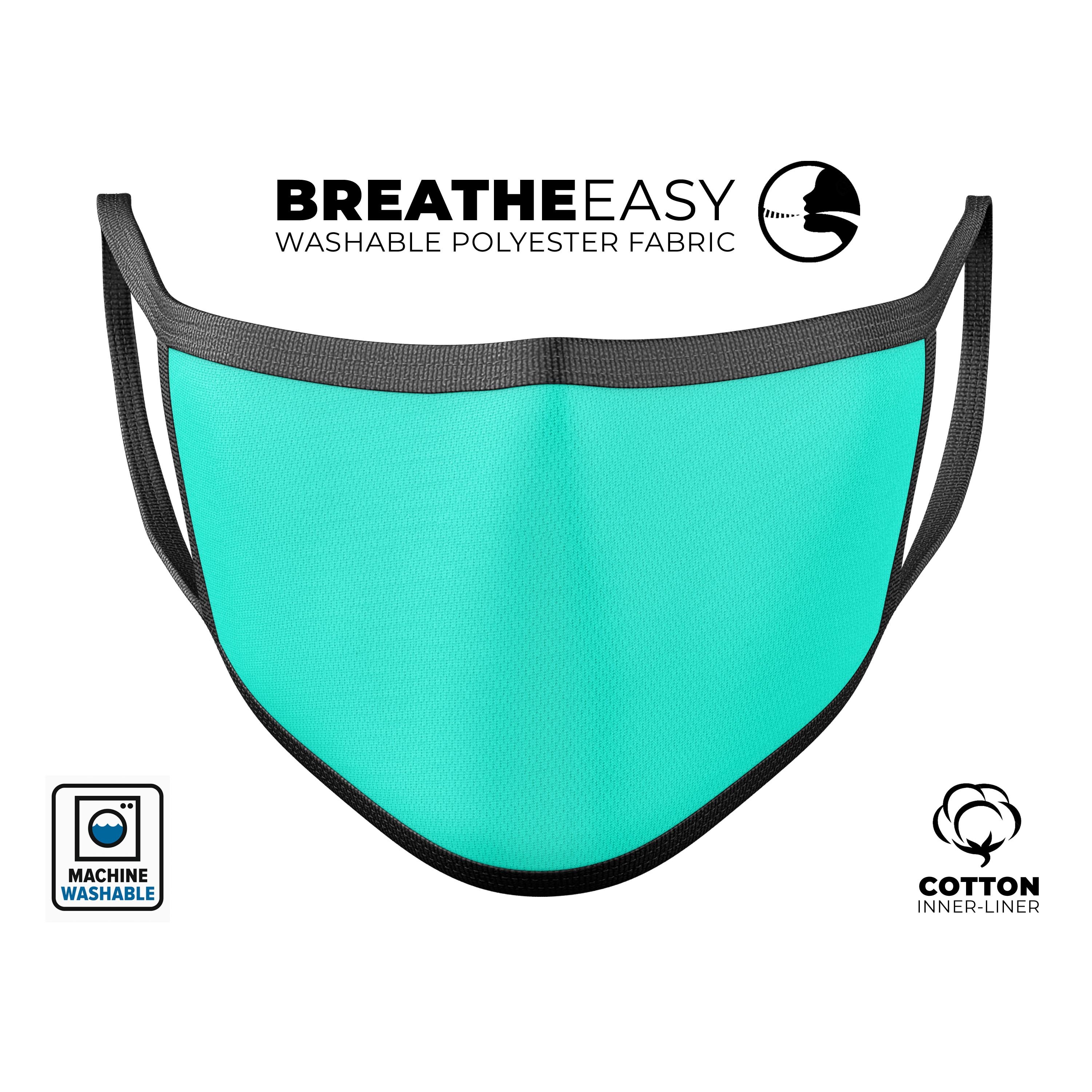 Solid Mint V2 mouth cover, a unisex anti-dust mask made from a cotton blend, featuring adjustable ear loops and a vibrant dye-sublimated design.