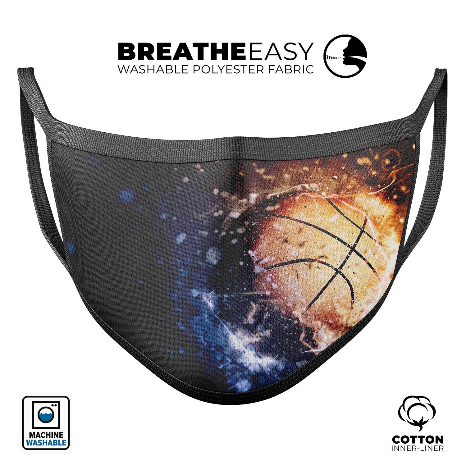 Space Basketball mouth cover made of cotton, featuring adjustable ear loops and vibrant dye-sublimated design, suitable for everyday use.
