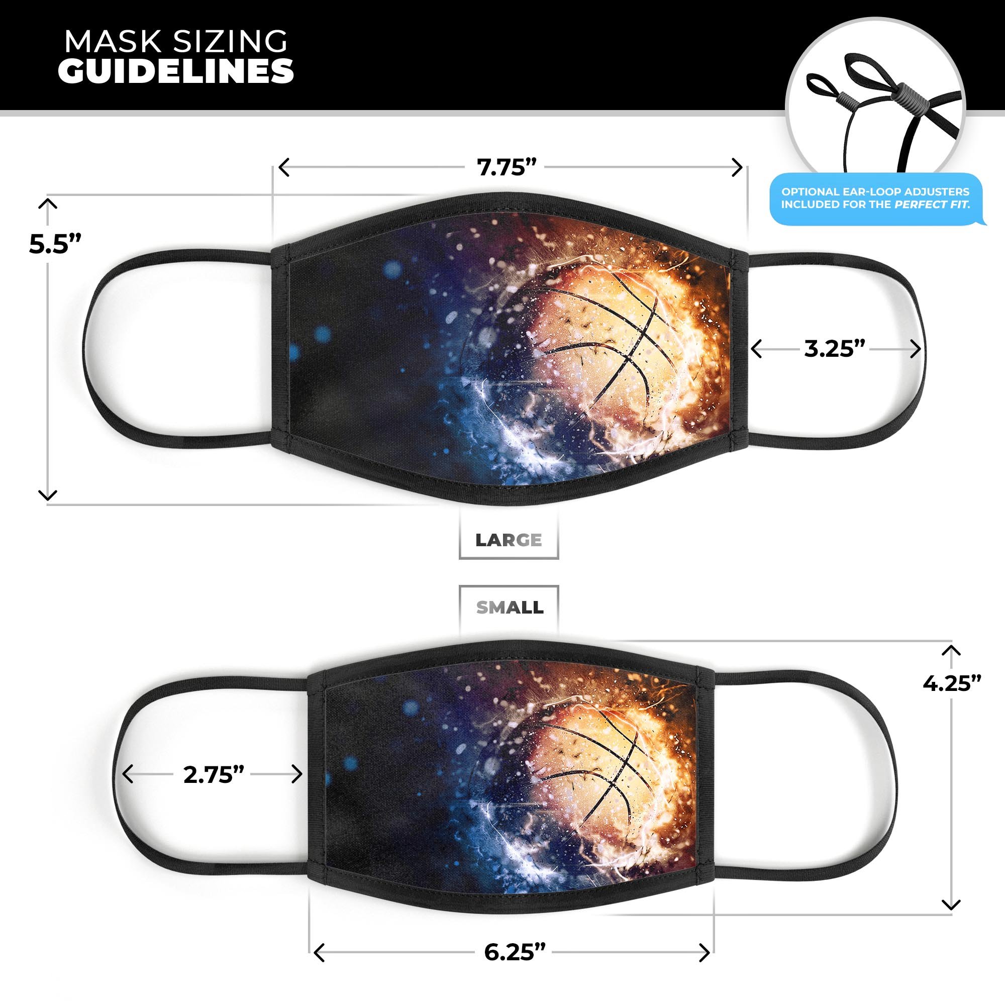 Space Basketball mouth cover, a unisex anti-dust cotton mask with adjustable ear-loops, made in the USA.