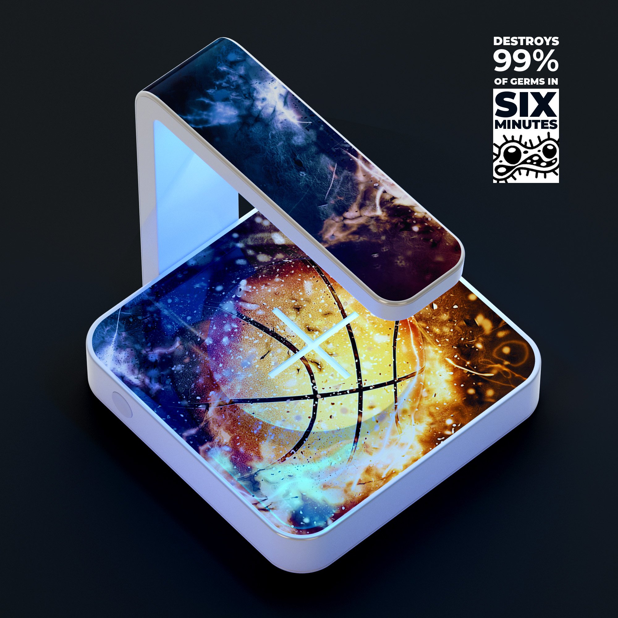 Space Basketball UV Germicidal Sanitizing Wireless Charger with phone on top, showcasing its sleek design and sterilizing lamp.