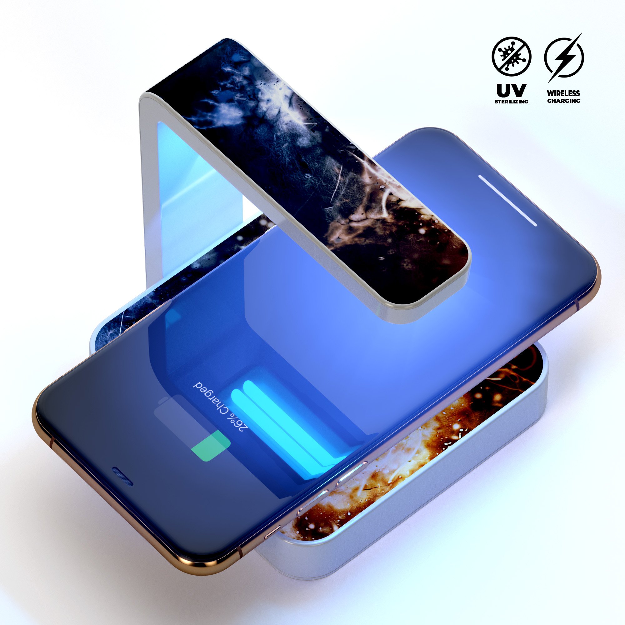 Space Basketball UV Germicidal Sanitizing Wireless Charger with phone on top, showcasing its sleek design and sterilizing lamp.