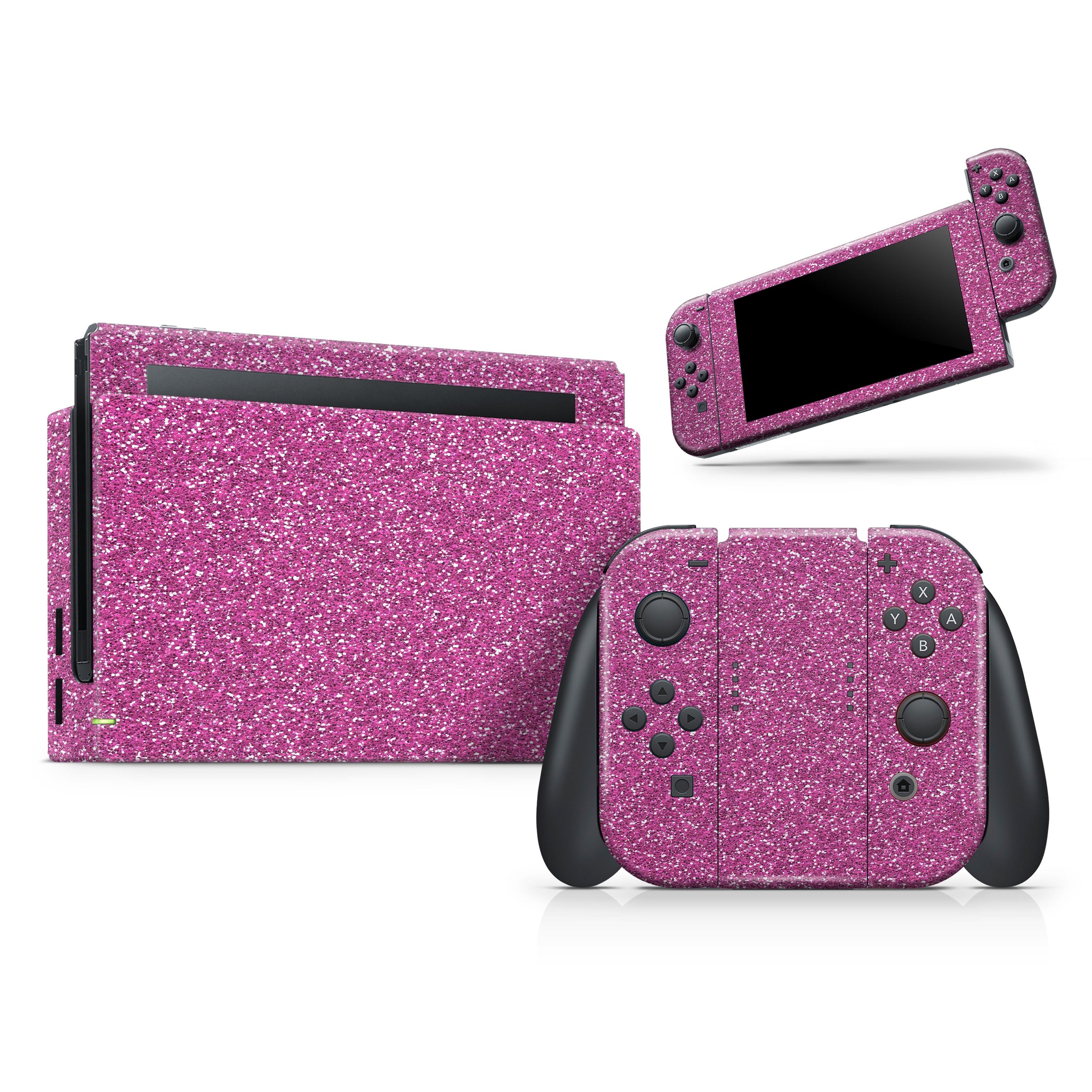 Sparkling Pink Ultra Metallic Glitter skin decal wrap kit for Nintendo Switch, showcasing a vibrant pink metallic finish and precise cut-outs.