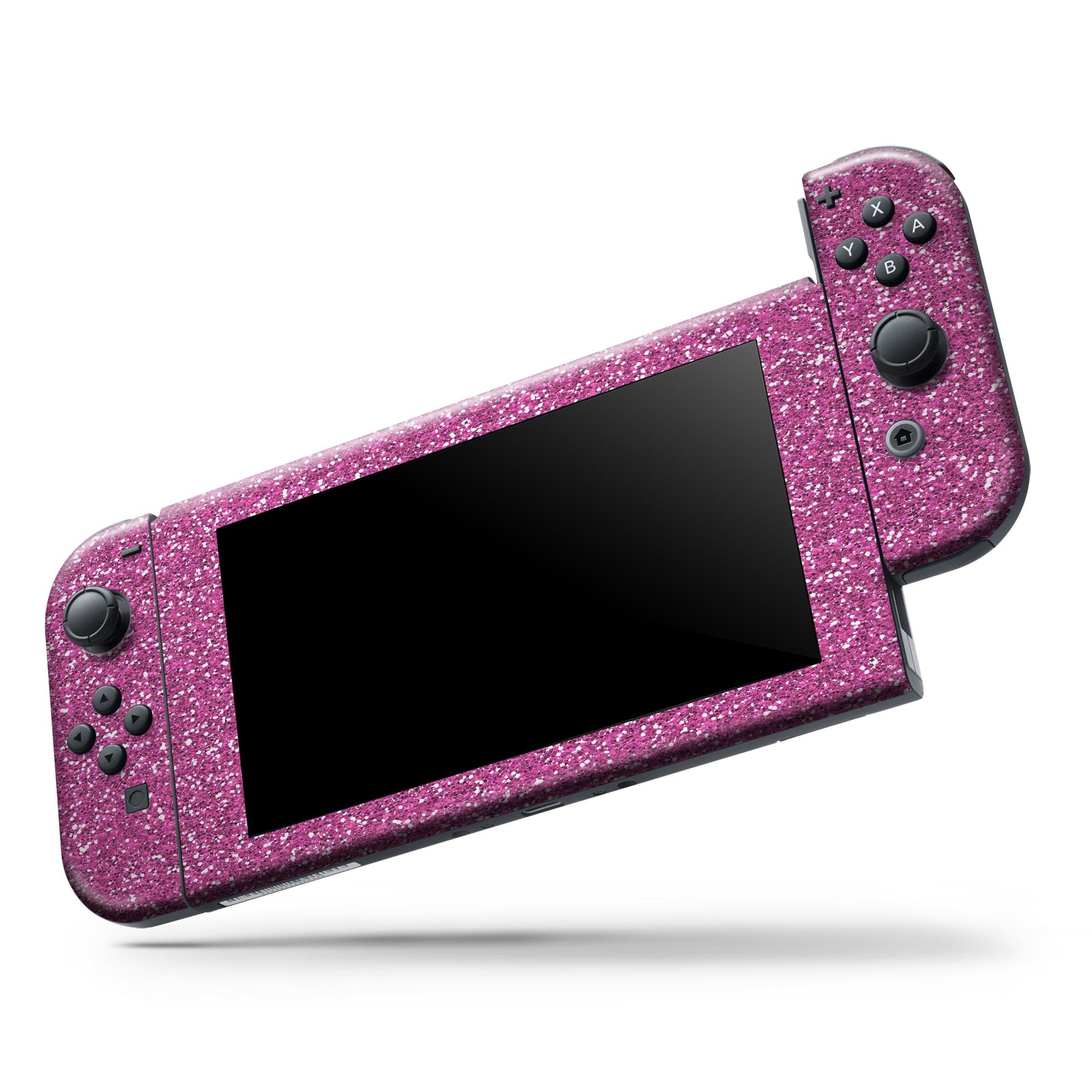 Sparkling Pink Ultra Metallic Glitter skin decal wrap kit for Nintendo Switch, showcasing a vibrant pink metallic finish and precise cut-outs.