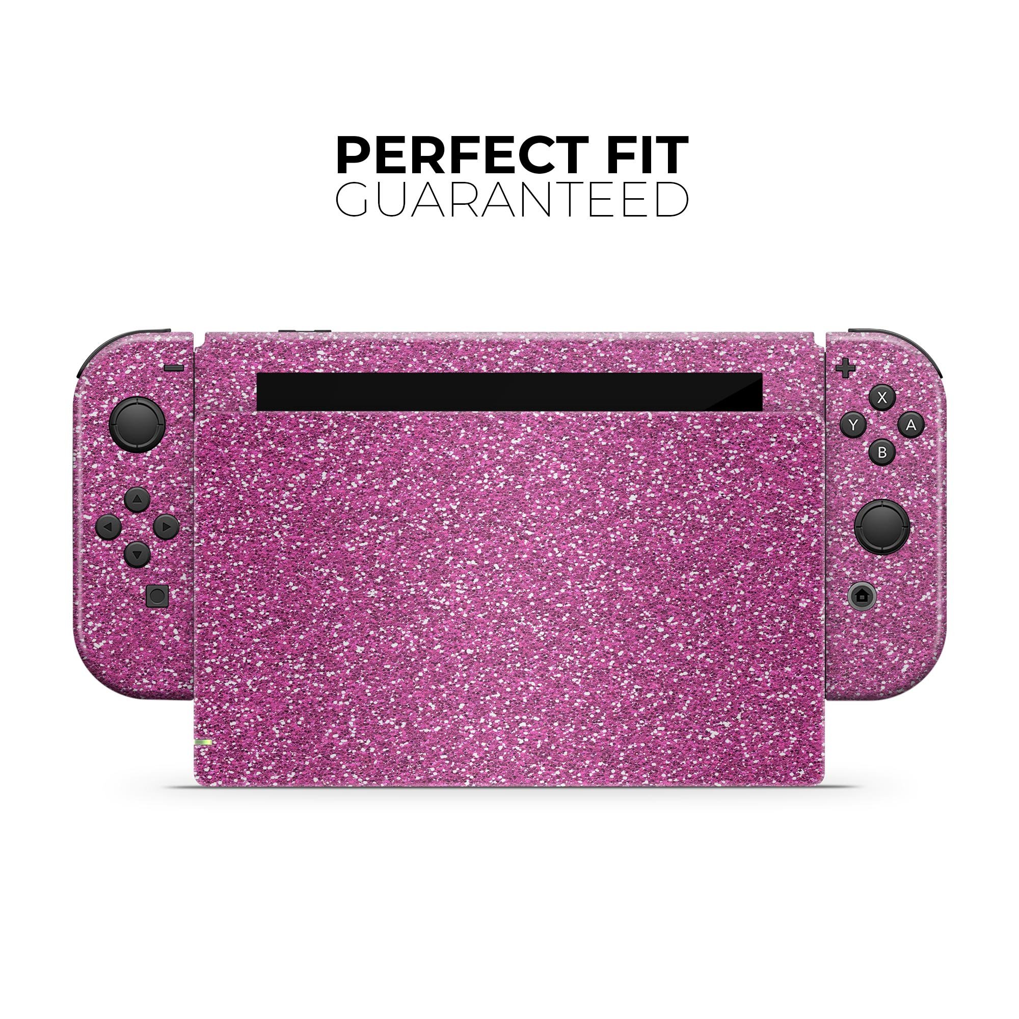 Sparkling Pink Ultra Metallic Glitter skin decal wrap kit for Nintendo Switch, showcasing a vibrant pink metallic finish and precise cut-outs.