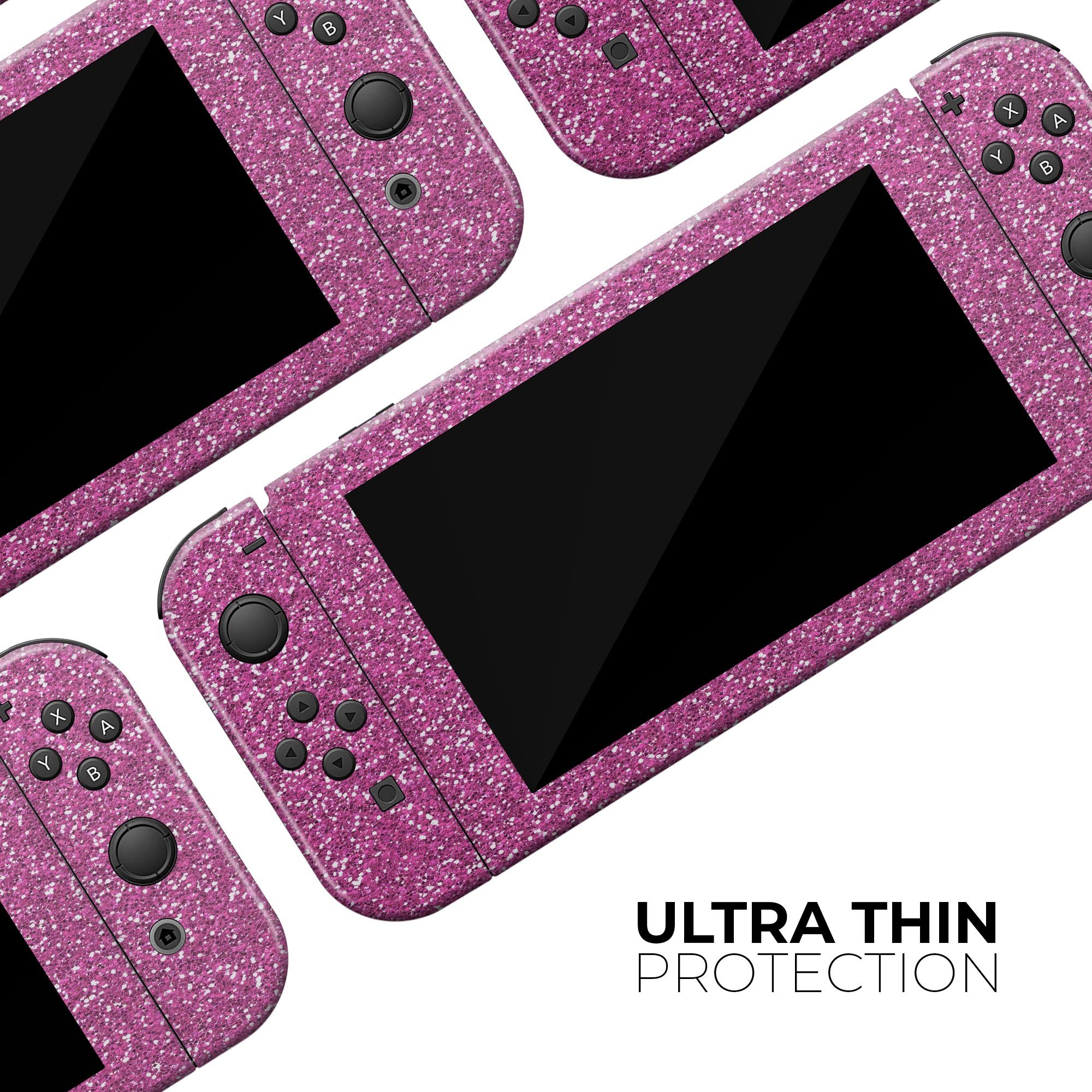 Sparkling Pink Ultra Metallic Glitter skin decal wrap kit for Nintendo Switch, showcasing a vibrant pink metallic finish and precise cut-outs.