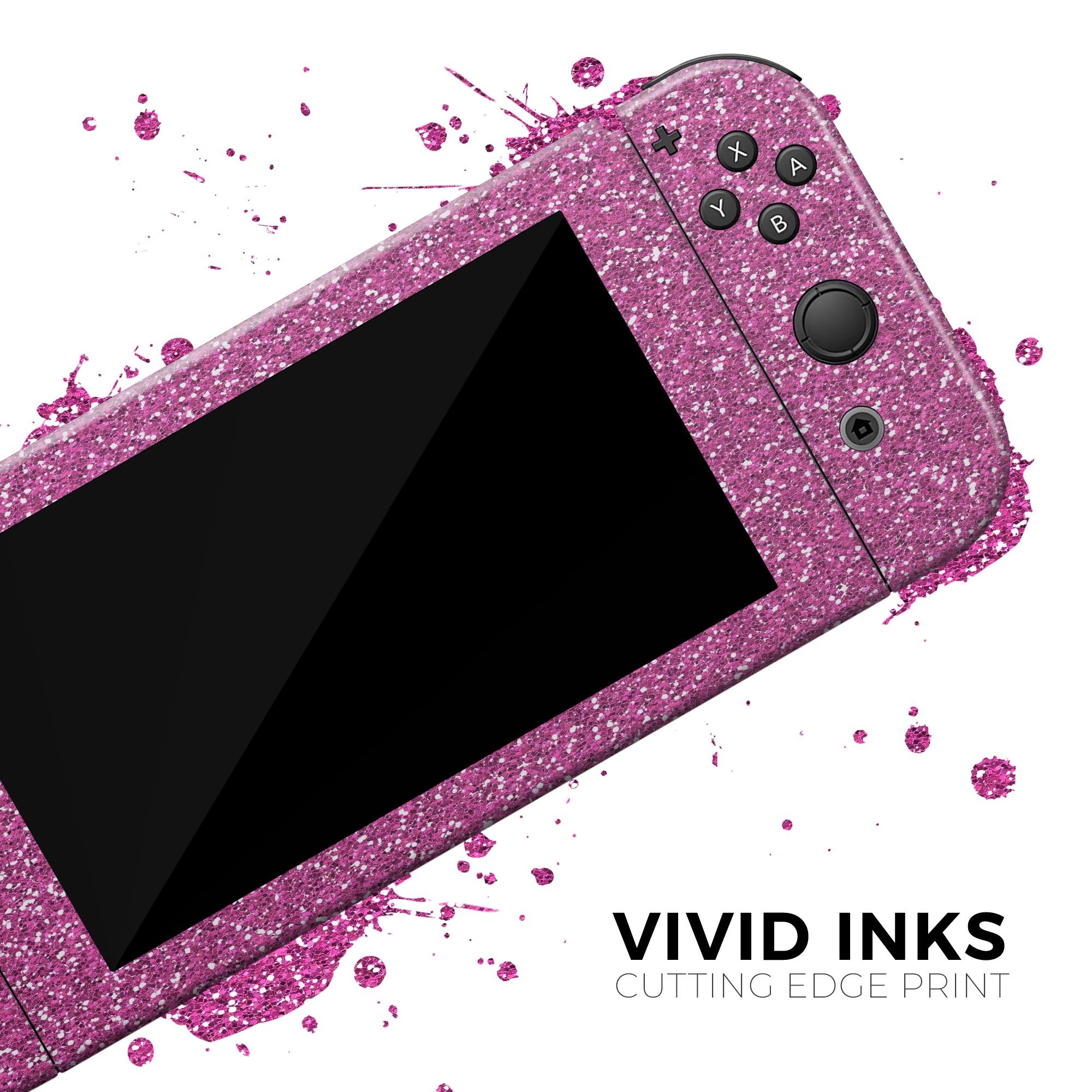 Sparkling Pink Ultra Metallic Glitter skin decal wrap kit for Nintendo Switch, showcasing a vibrant pink metallic finish and precise cut-outs.