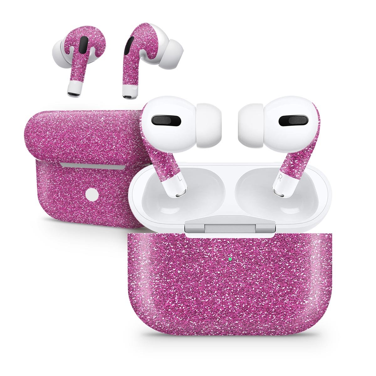 Sparkling Pink Ultra Metallic Glitter skin decal wrap for Apple AirPods Pro, showcasing a vibrant metallic finish and precise fit.