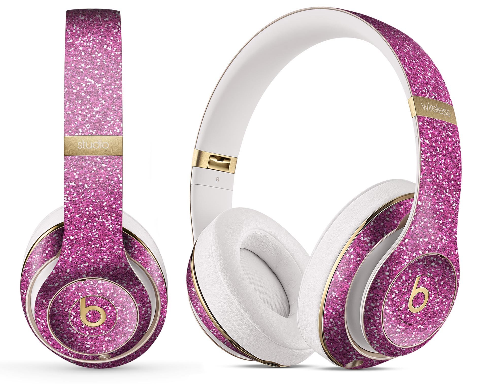 Sparkling Pink Ultra Metallic Glitter skin decal wrap kit for Beats by Dre headphones, showcasing a vibrant pink metallic finish.