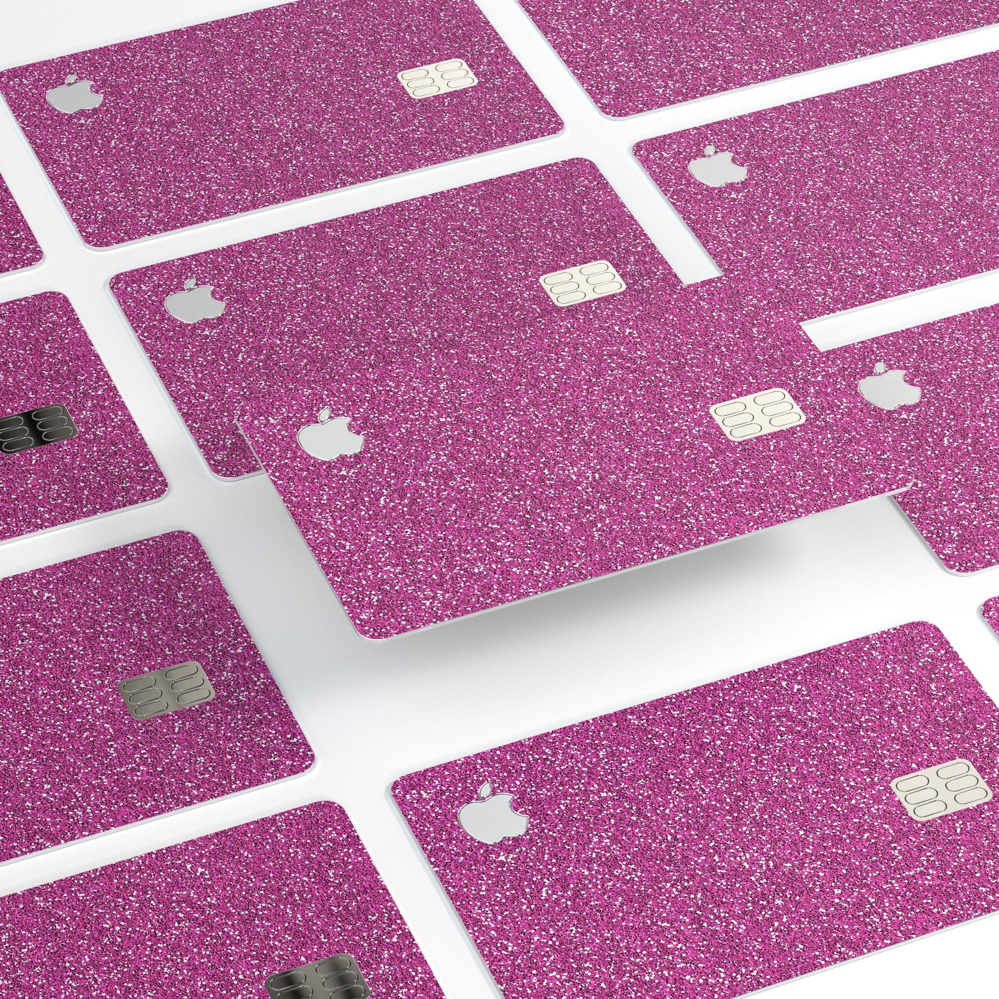 Sparkling Pink Ultra Metallic Glitter decal on an Apple Card, showcasing its vibrant color and protective features.