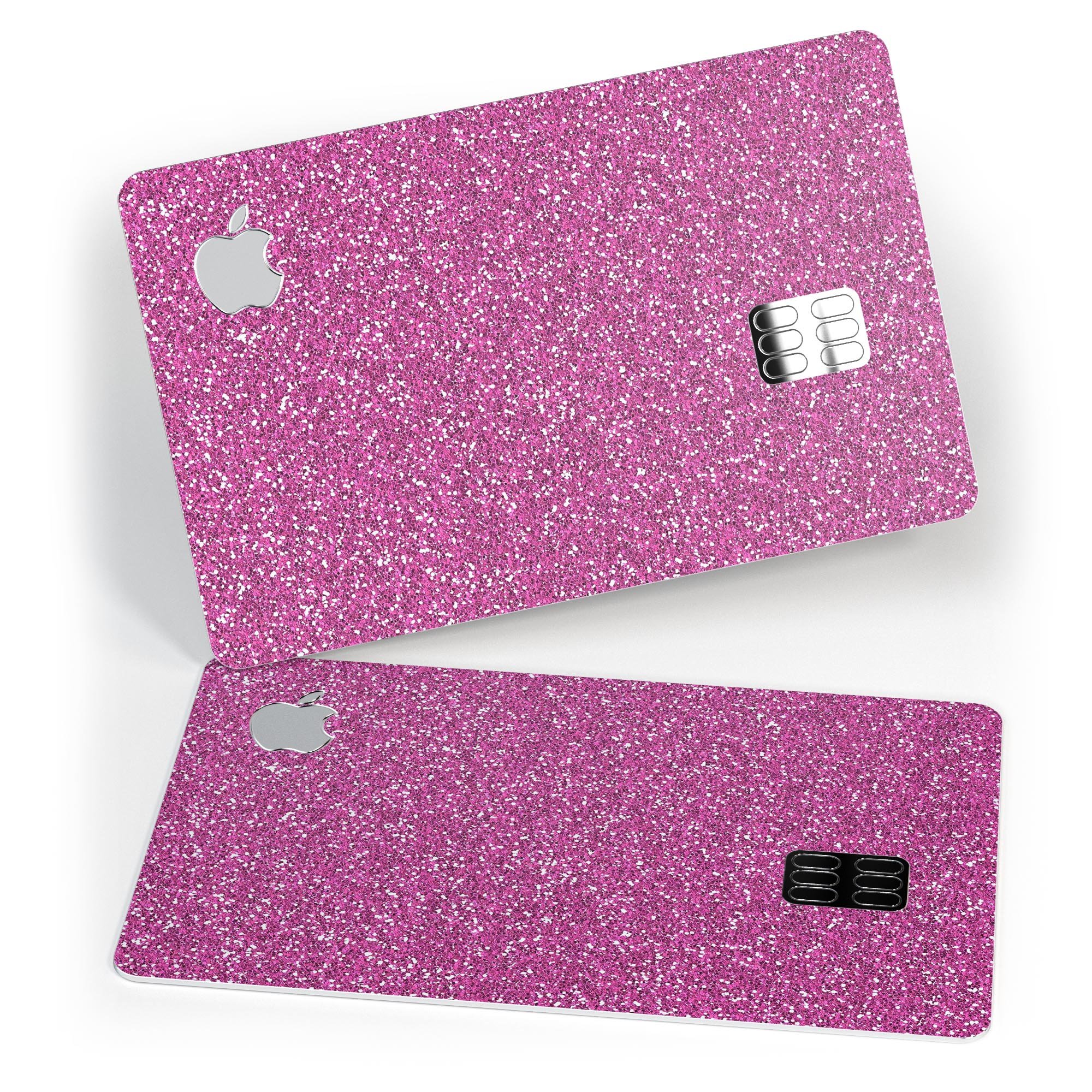 Sparkling Pink Ultra Metallic Glitter decal on an Apple Card, showcasing its vibrant color and protective features.