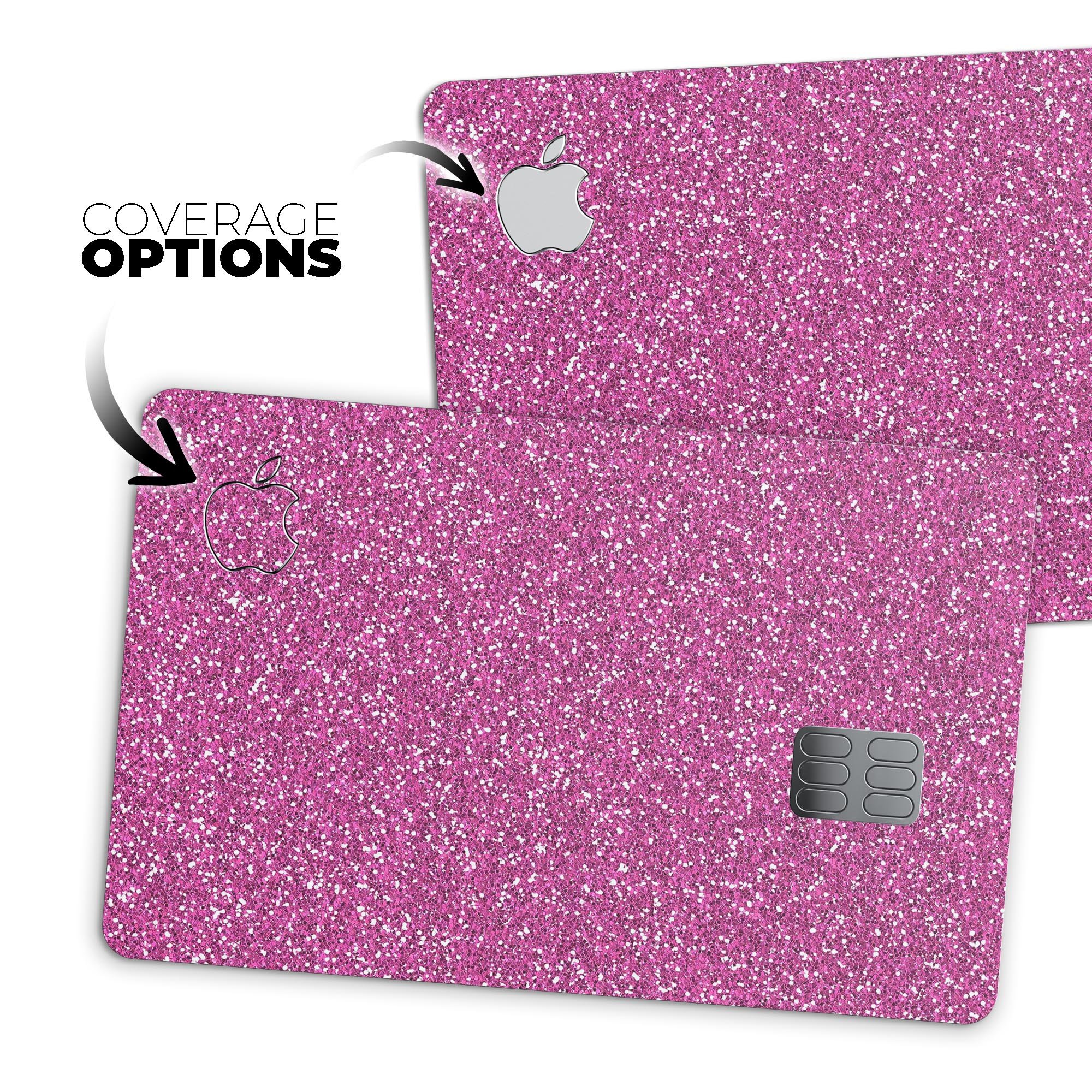 Sparkling Pink Ultra Metallic Glitter decal on an Apple Card, showcasing its vibrant color and protective features.