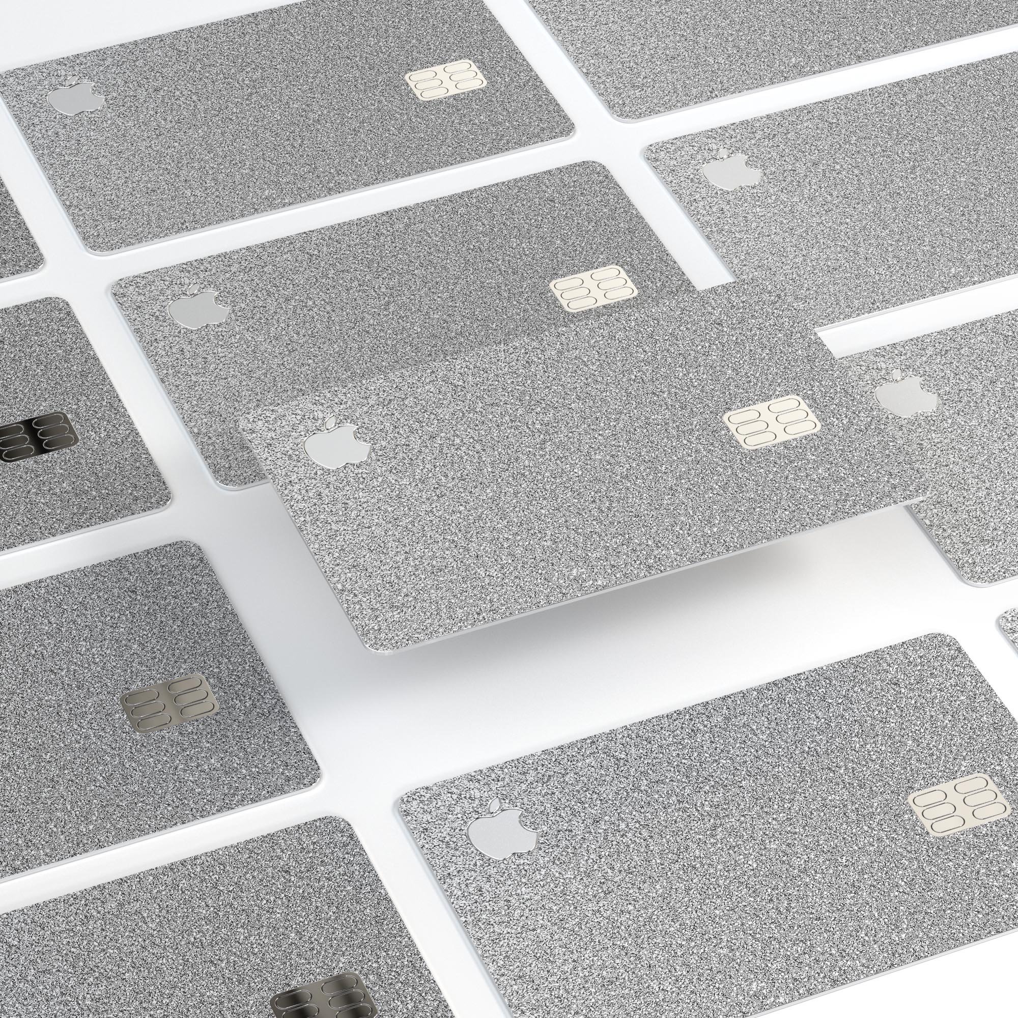 Sparkling Silver Ultra Metallic Glitter decal applied on an Apple Card, showcasing its premium finish and protective features.