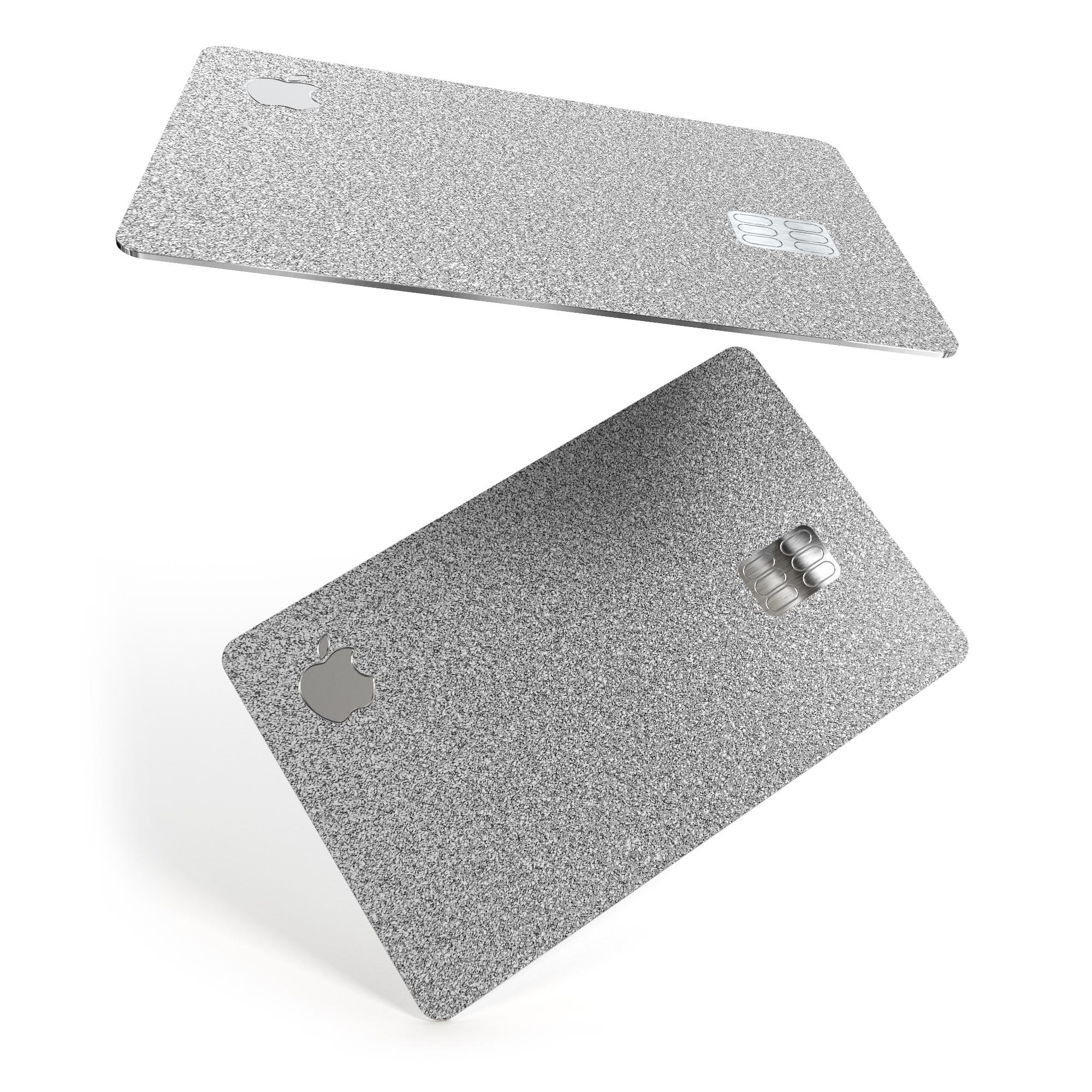 Sparkling Silver Ultra Metallic Glitter decal applied on an Apple Card, showcasing its premium finish and protective features.