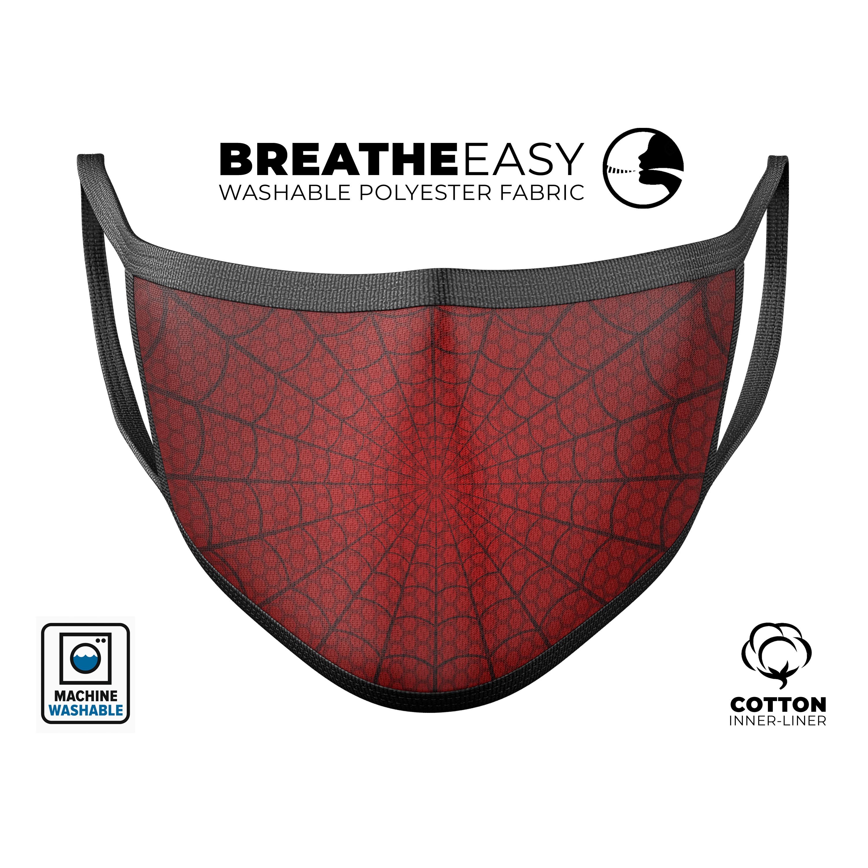 Spider Sense Web mouth cover, a unisex anti-dust cotton mask featuring adjustable ear-loops and a vibrant dye-sublimated design, made in the USA.