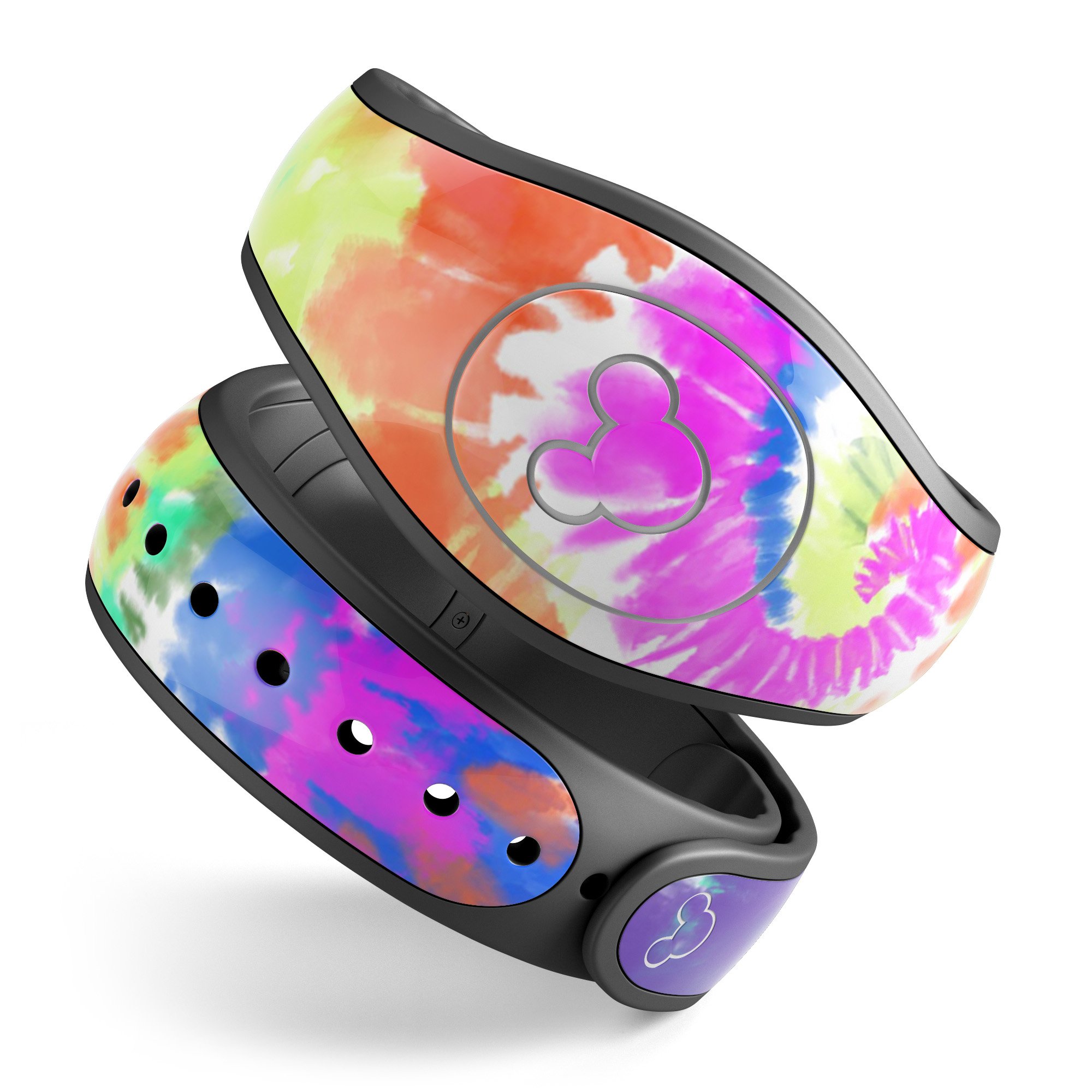 Spiral Tie Dye V1 skin decal wrap kit for Disney Magic Band, showcasing vibrant colors and a snug fit.