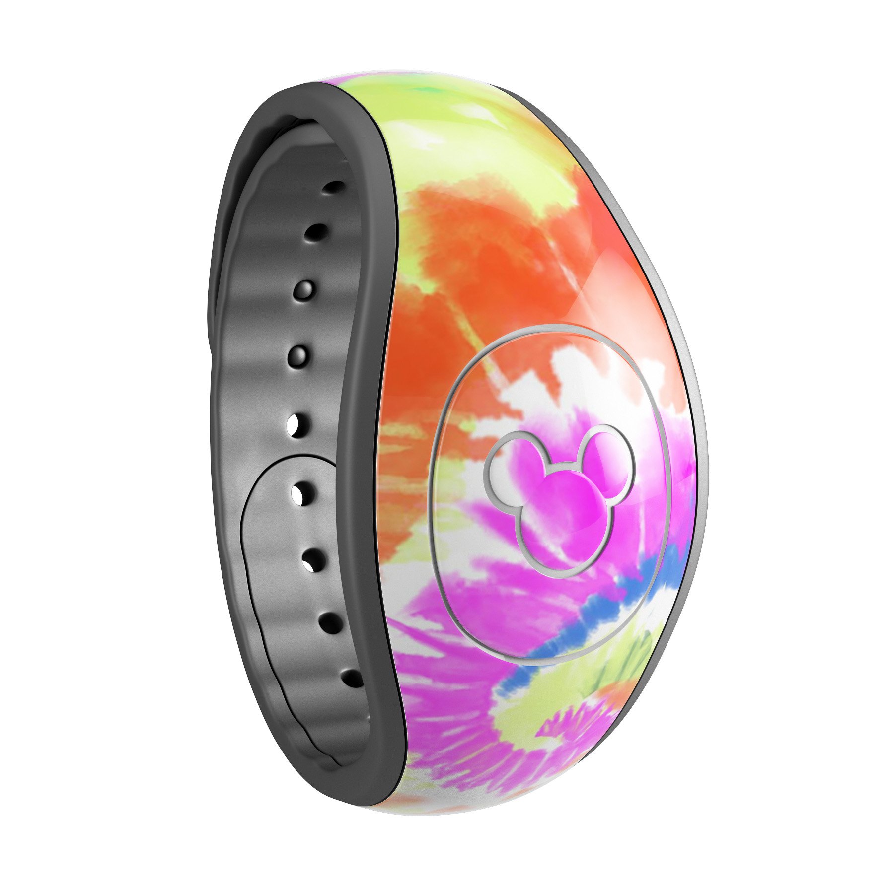 Spiral Tie Dye V1 skin decal wrap kit for Disney Magic Band, showcasing vibrant colors and a snug fit.
