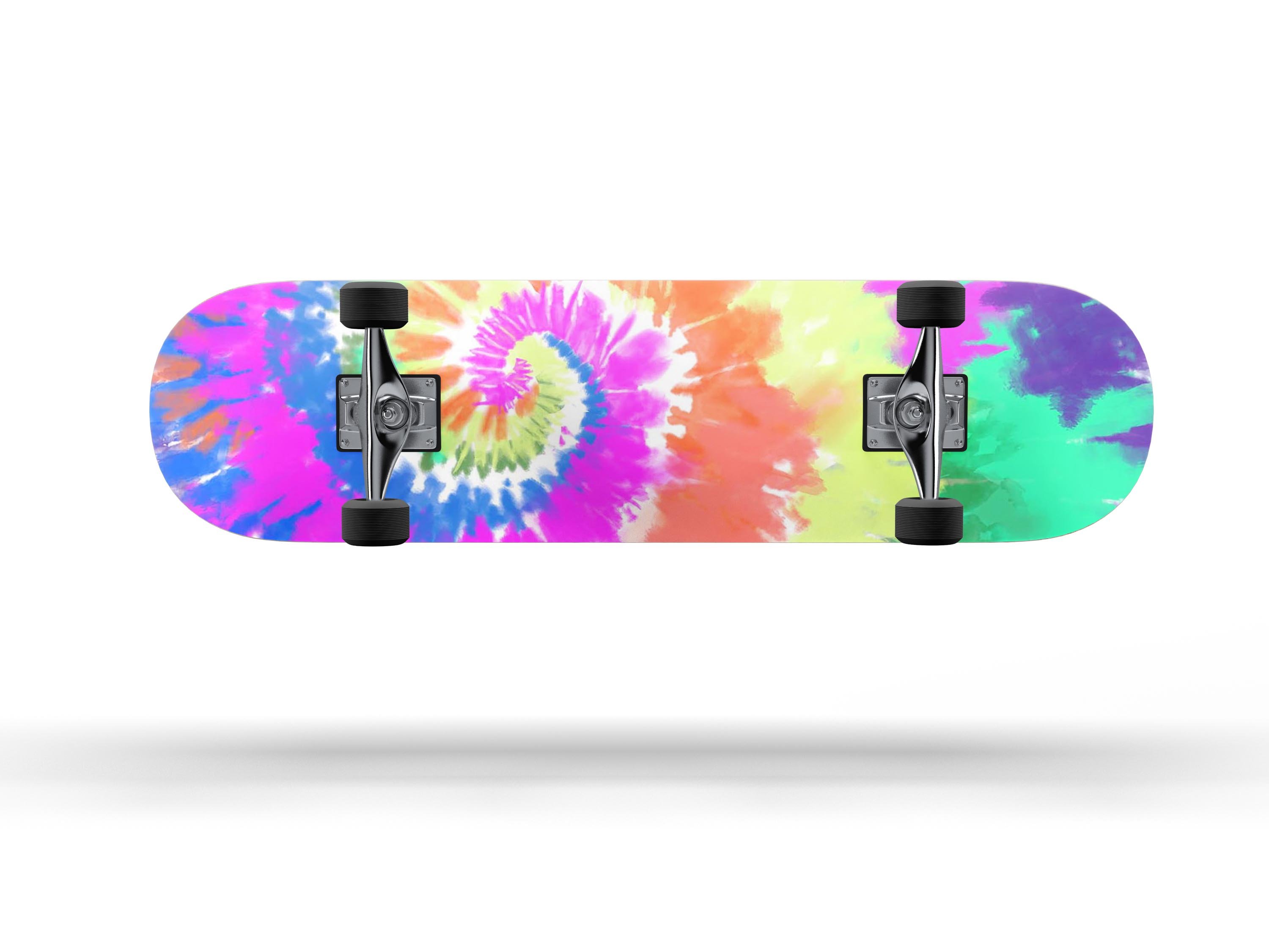 Spiral Tie Dye V1 skateboard skin decal wrap kit showcasing vibrant colors and a snug fit on a skateboard deck.