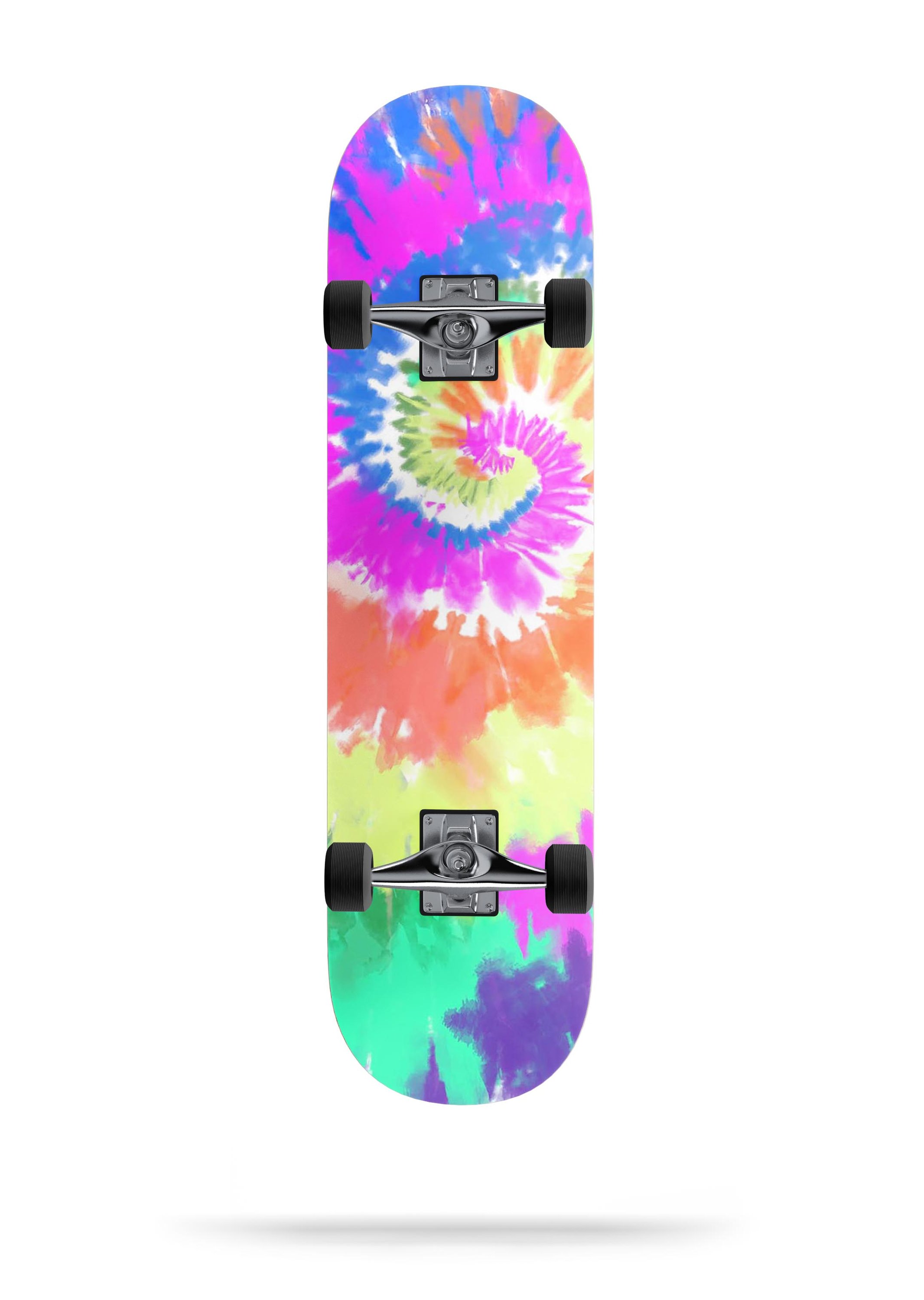 Spiral Tie Dye V1 skateboard skin decal wrap kit showcasing vibrant colors and a snug fit on a skateboard deck.