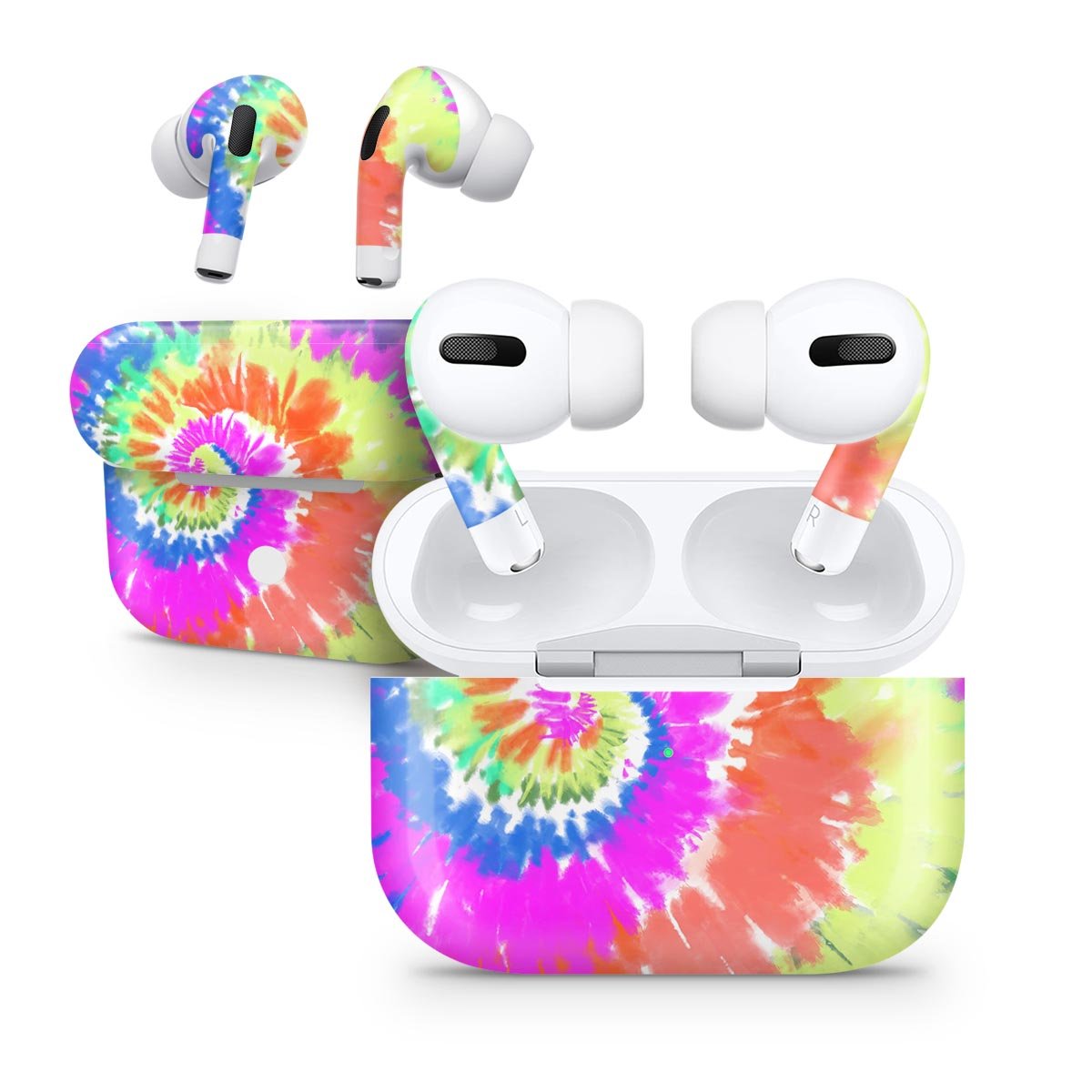 Spiral Tie Dye V1 skin decal wrap kit for Apple AirPods Pro, showcasing vibrant colors and a sleek design.
