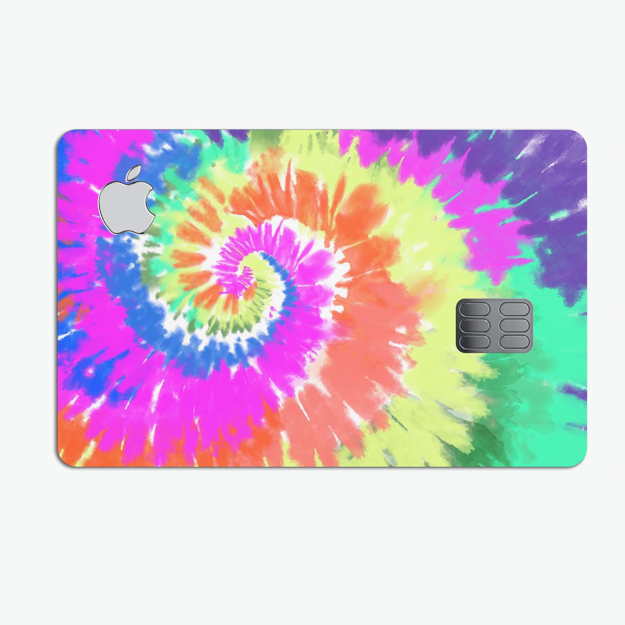 Spiral Tie Dye V1 decal skin for Apple Card, showcasing vibrant colors and premium vinyl material.