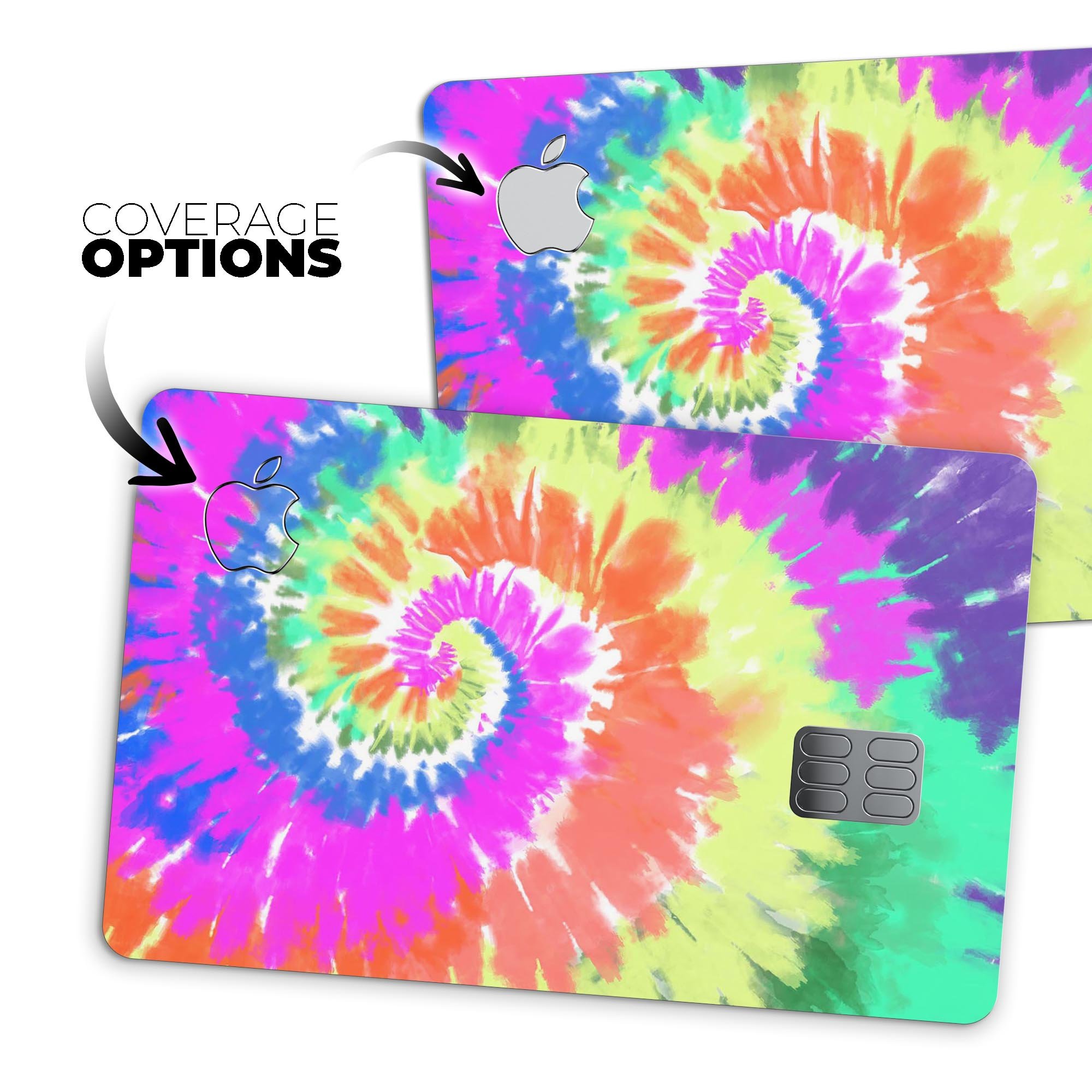 Spiral Tie Dye V1 decal skin for Apple Card, showcasing vibrant colors and premium vinyl material.