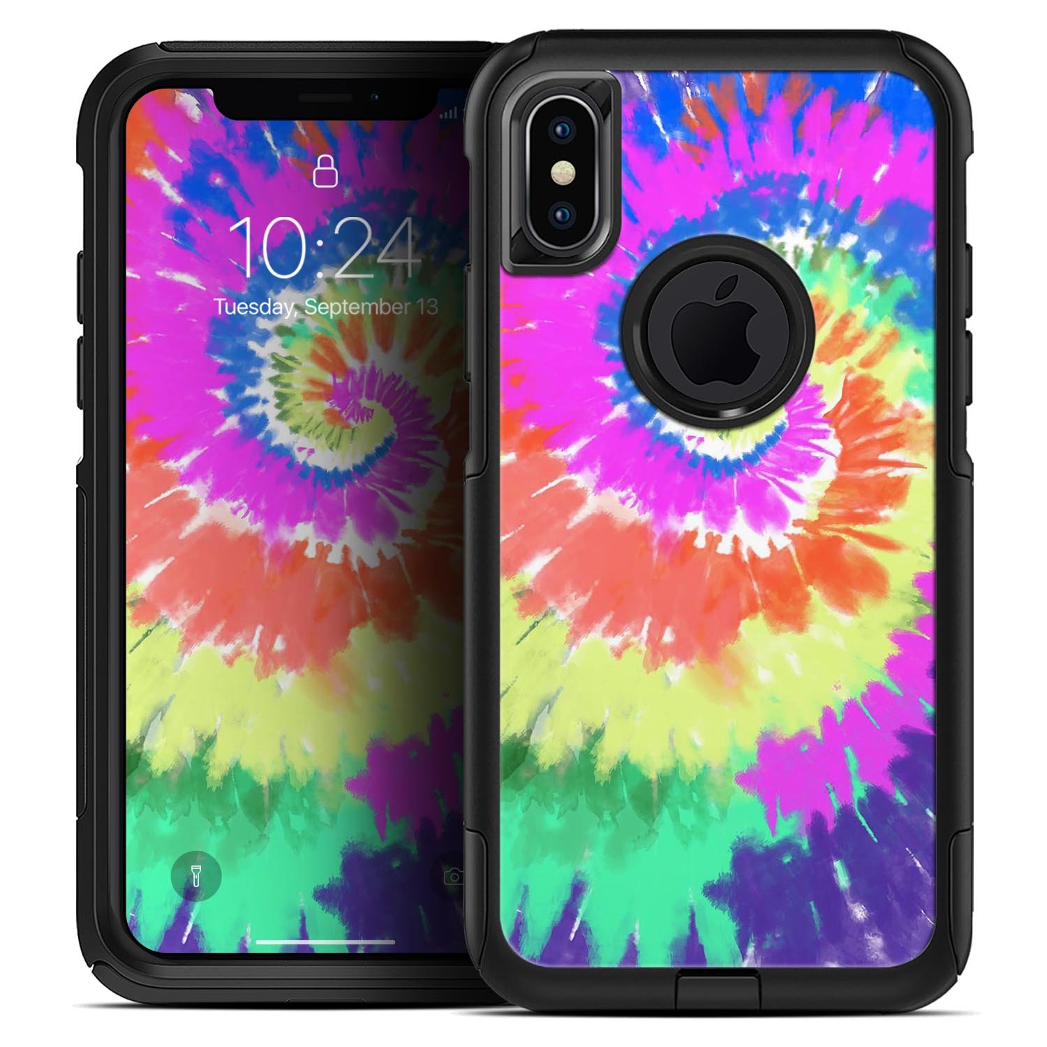 Spiral Tie Dye V1 Skin Kit for iPhone OtterBox Cases featuring vibrant colors and patterns.