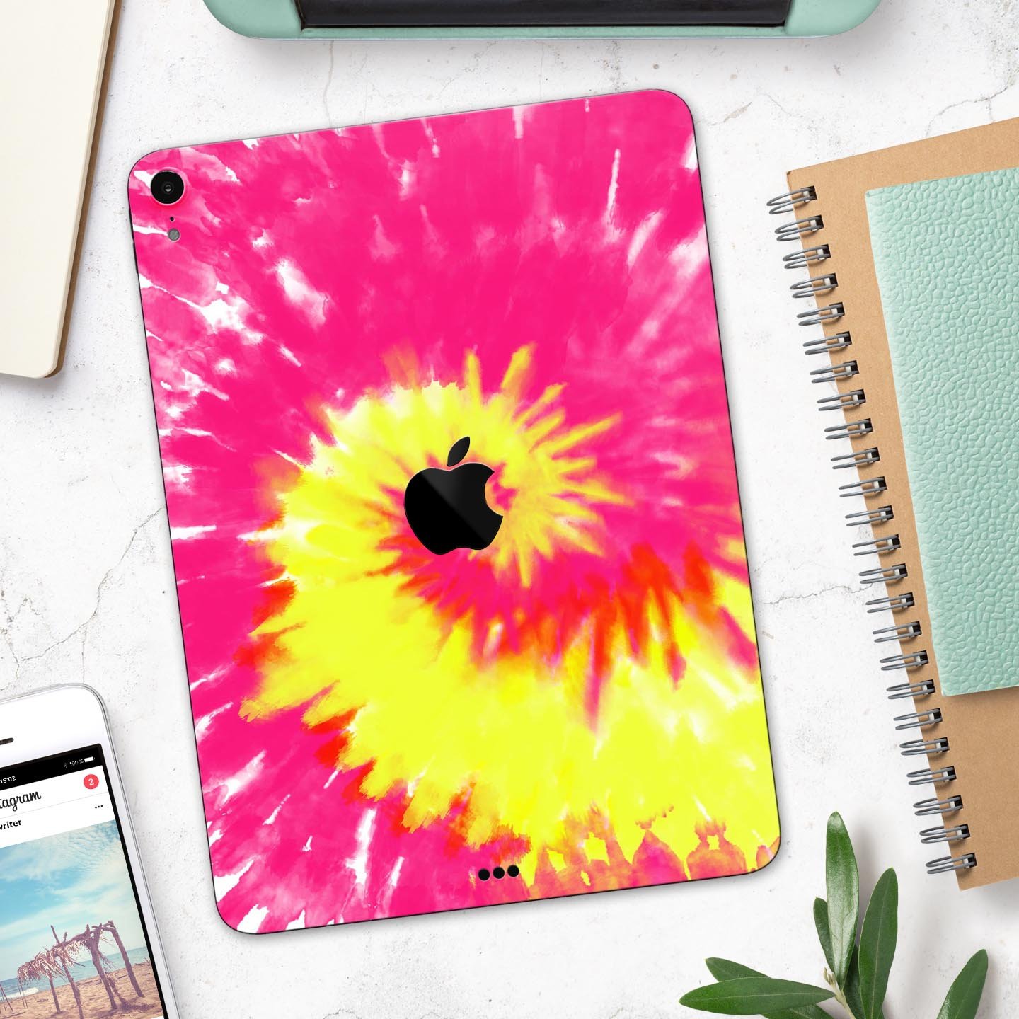 Spiral Tie Dye V2 Full Body Skin Decal for Apple iPad Pro 12.9, showcasing vibrant colors and a sleek design.