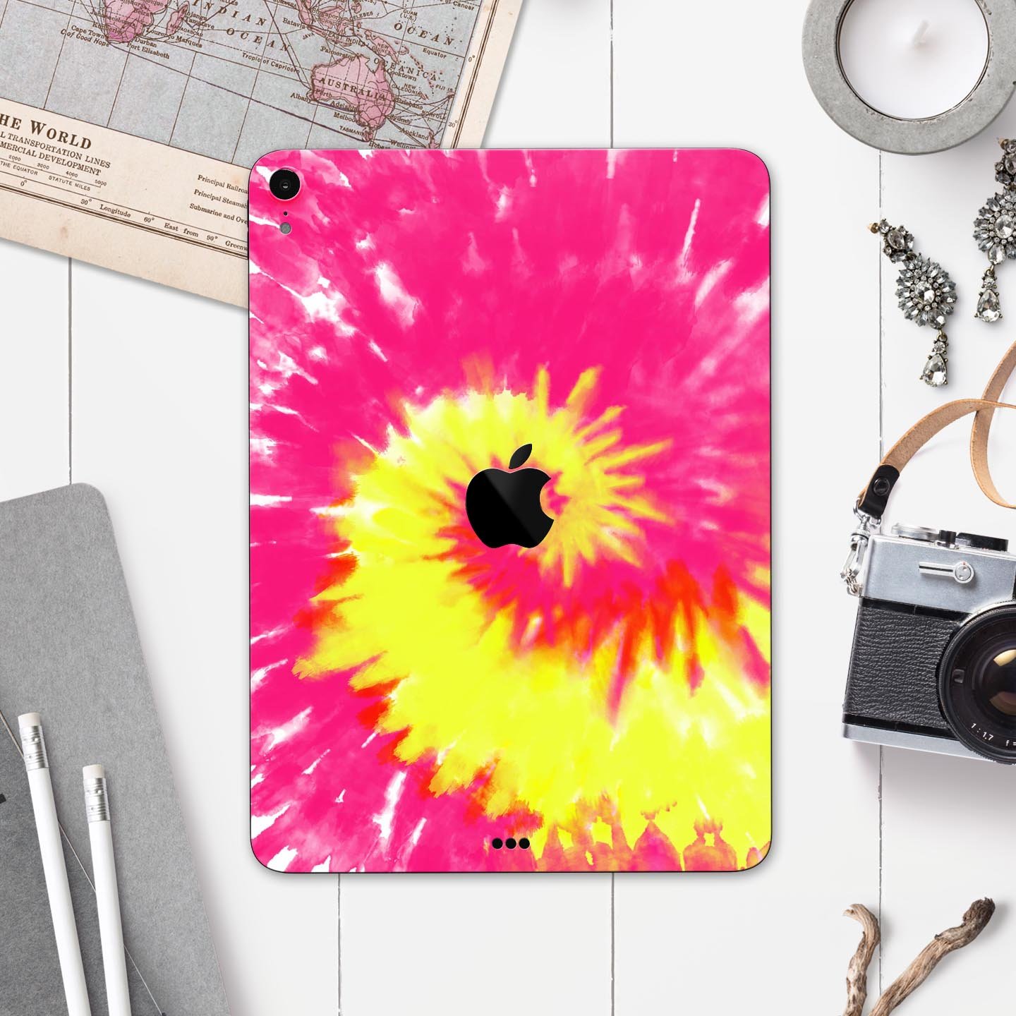 Spiral Tie Dye V2 Full Body Skin Decal for Apple iPad Pro 12.9, showcasing vibrant colors and a sleek design.