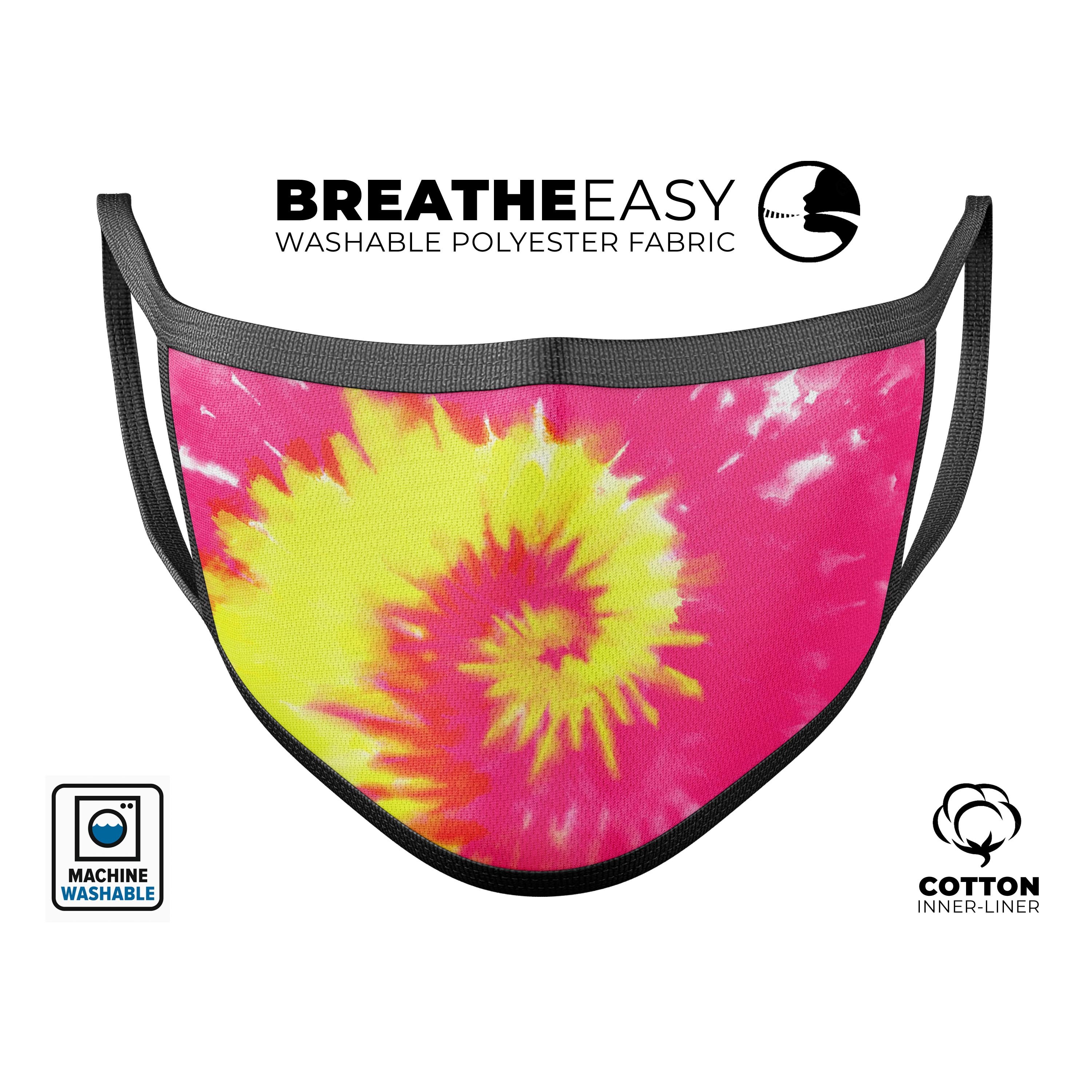 Spiral Tie Dye V2 mouth cover, featuring vibrant colors and adjustable ear-loops, made from soft cotton for comfort.