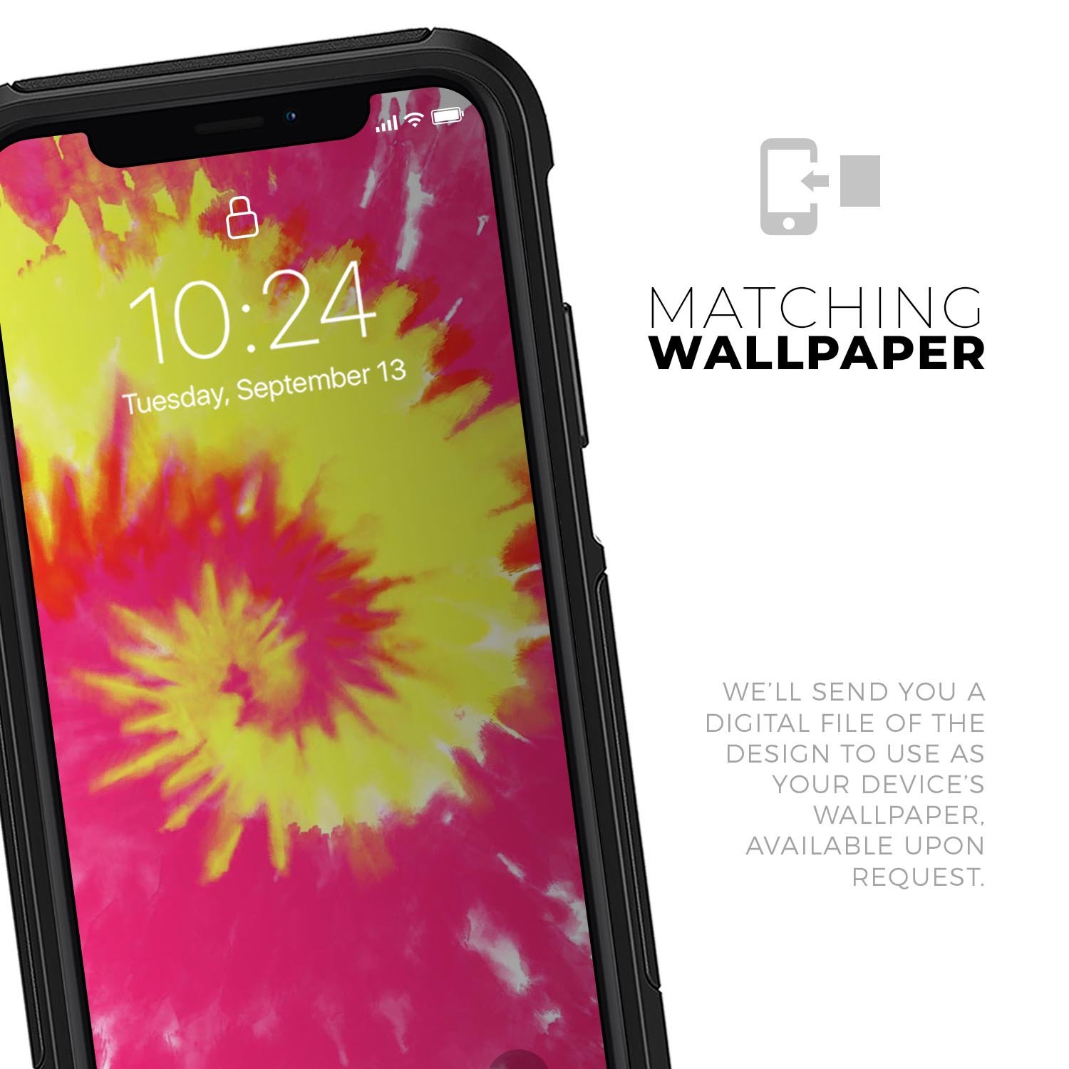 Spiral Tie Dye V2 Skin Kit for iPhone OtterBox cases, featuring vibrant colors and a sleek design.