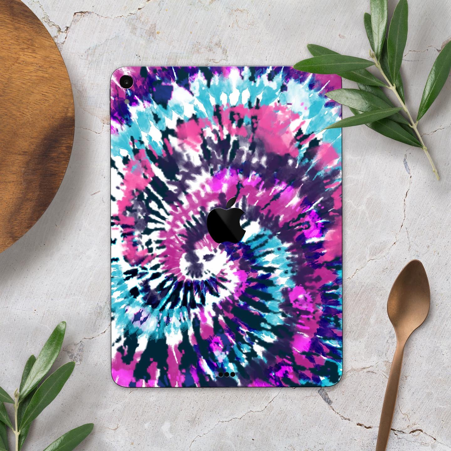 Spiral Tie Dye V3 skin decal for Apple iPad Pro 12.9", showcasing vibrant colors and a sleek design.