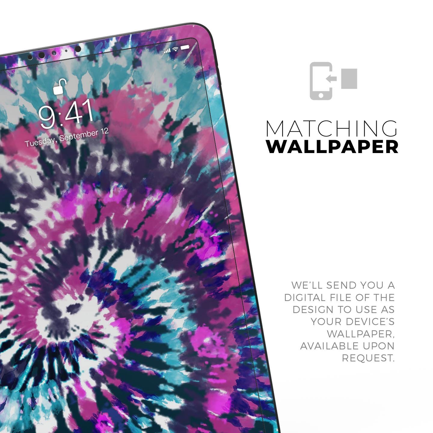 Spiral Tie Dye V3 skin decal for Apple iPad Pro 12.9", showcasing vibrant colors and a sleek design.